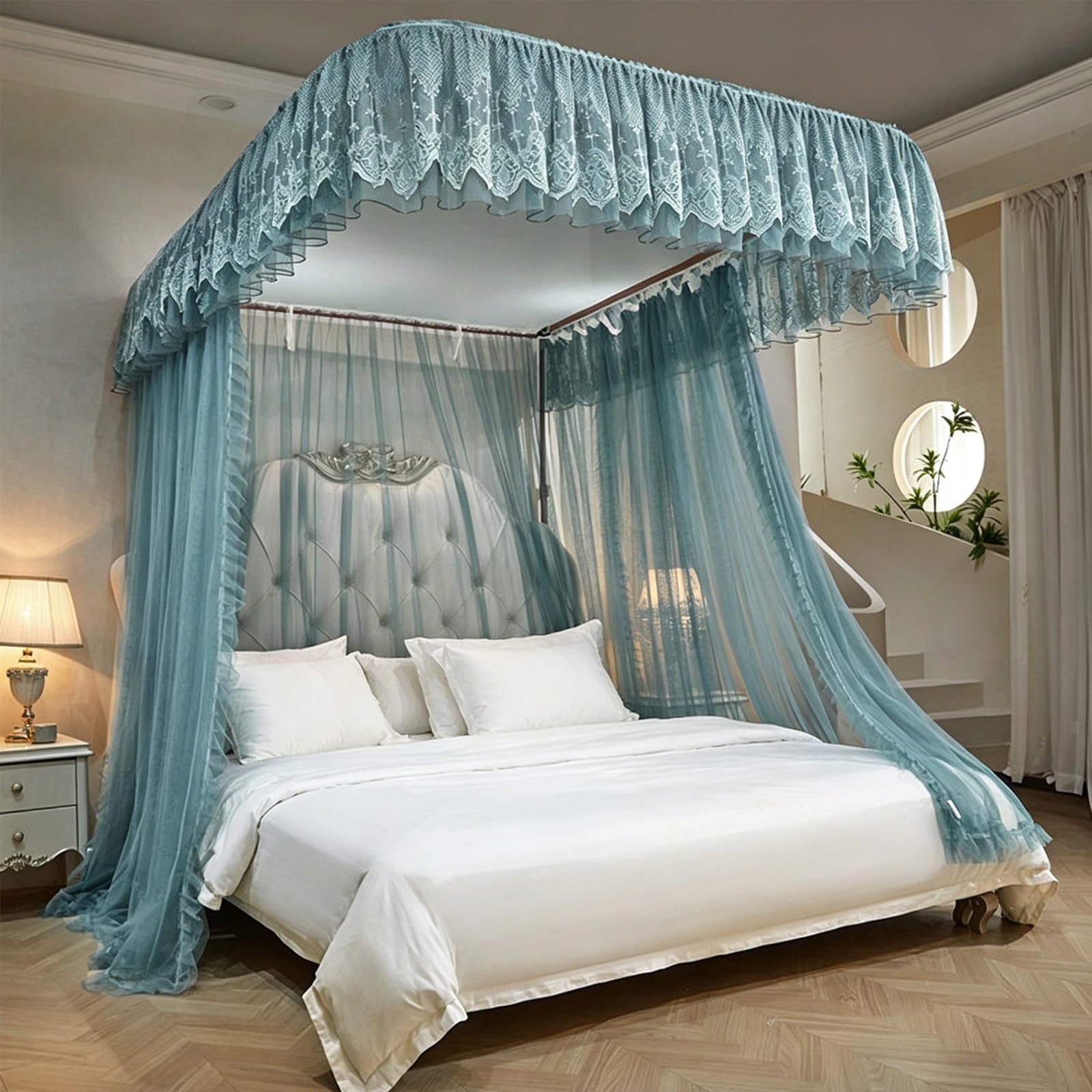 SARKEY U-Shaped Rail Bed Canopy Curtain,3 Opening Mosquito Net,for Girls Women(BL,180x200x210cm(71"x79"x83"))
