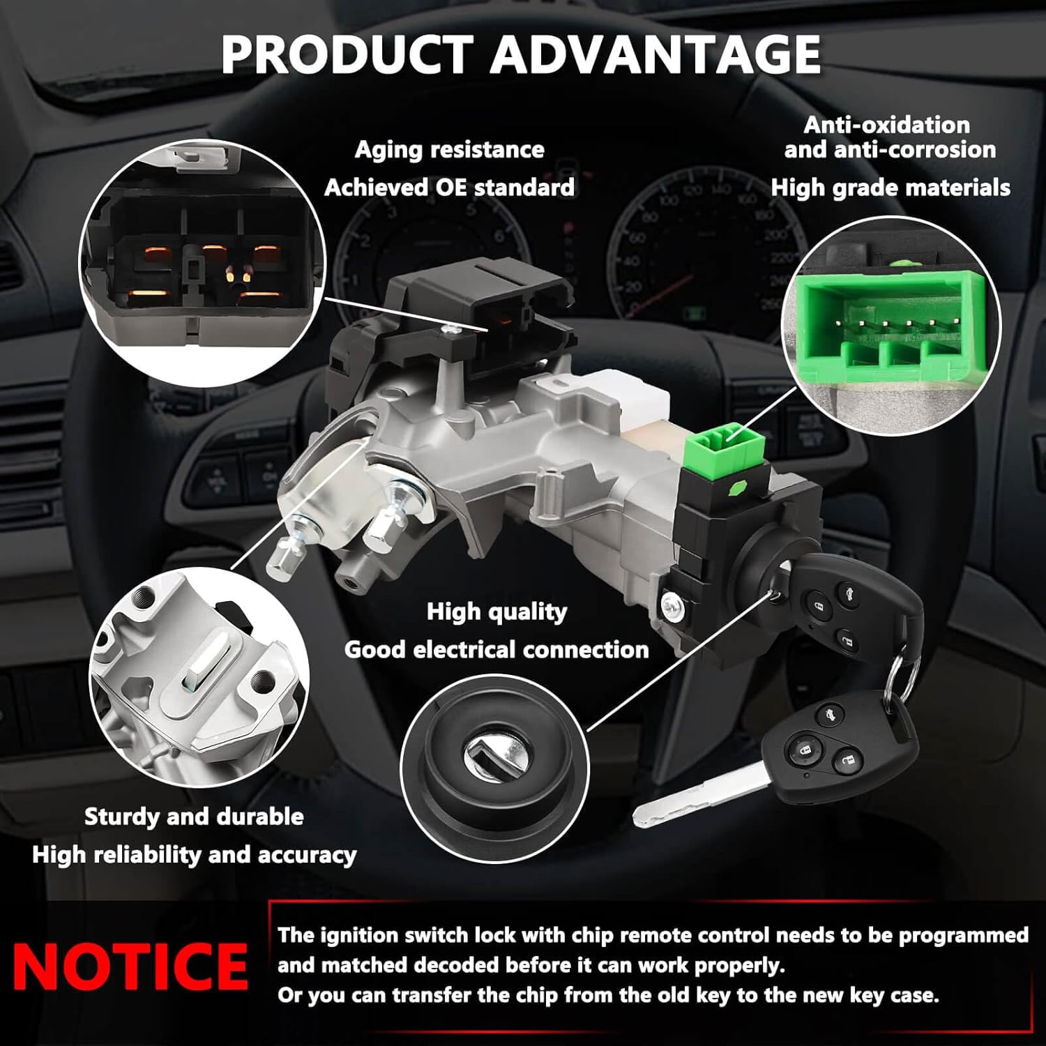 RAMATA 06351-TE0-A11 Ignition Switch Lock Cylinder with Key (with Blank Chip) Compatible with 2008 2009 2010 2011 2012 Honda Accord (Ignition Chip: 46,Frequency: 433mHz)