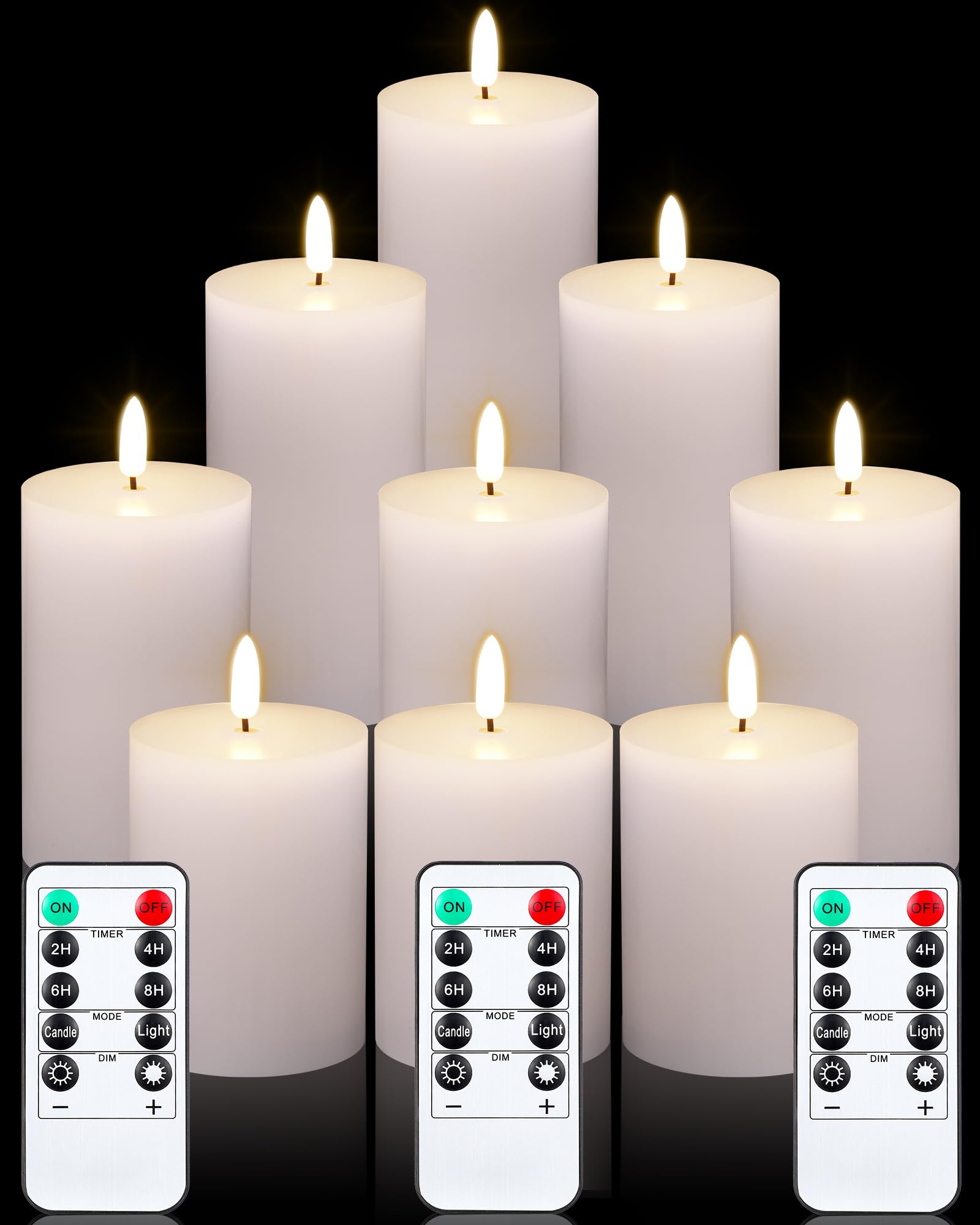 VIHOSE 9 Pack White Flameless Candles Set with Remote and Timer Flickering Flameless Battery Candles Flat Top LED Pillar for Wedding Outdoor Home Festival Decoration(D 3'' H 4'' 5'' 6'')