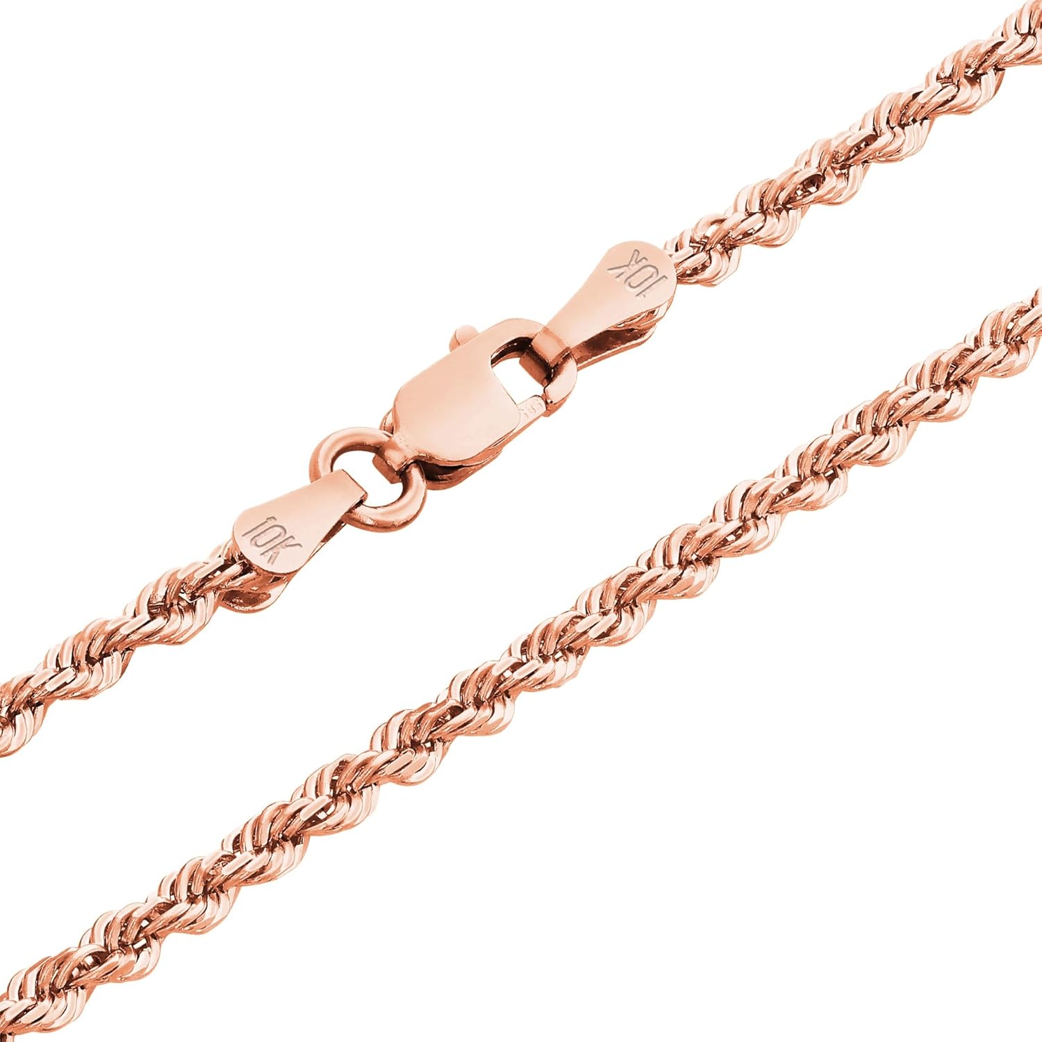 Nuragold 10k Real Rose Gold 2mm Rope Chain Diamond Cut Necklace (16"-30") Italian Jewelry for Men & Women