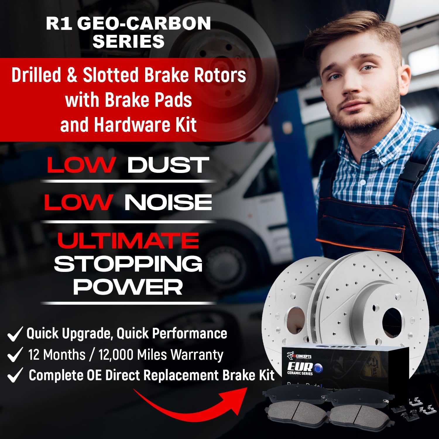 R1 Concepts Rear Brake Kit For 2017-2022 Maserati Ghibli, 2017-2024 Maserati Levante| Drilled Slotted Brake Rotors| Ceramic Brake Pads and Rotors Kit| Hardware included