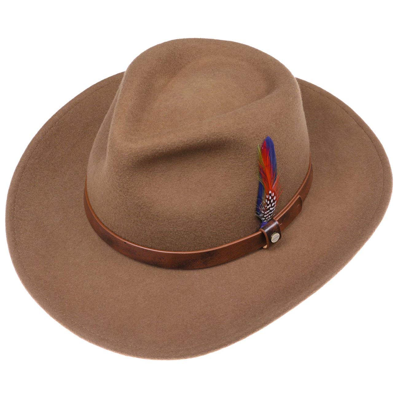 Stetson Oklahoma Wollfilz Westernhut Herren 100% wasserabweisender Filz Asahi Guard ultraleichter knautschbarer Hut mit Feder Lederband Sommer Winter