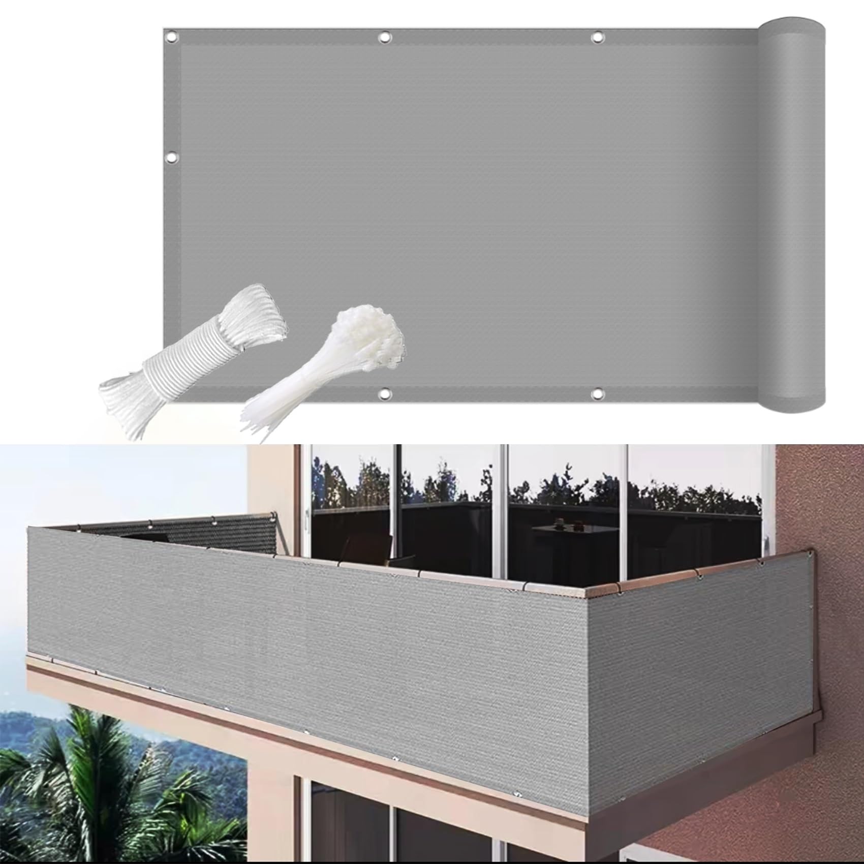 Osłona na balustradę balkonową, 120 x 850 cm, odporna na działanie promieni UV, odporna na warunki atmosferyczne, osłona na balustradę tarasową, z przelotkami i wiązaniami, szara, idealna na tarasy i