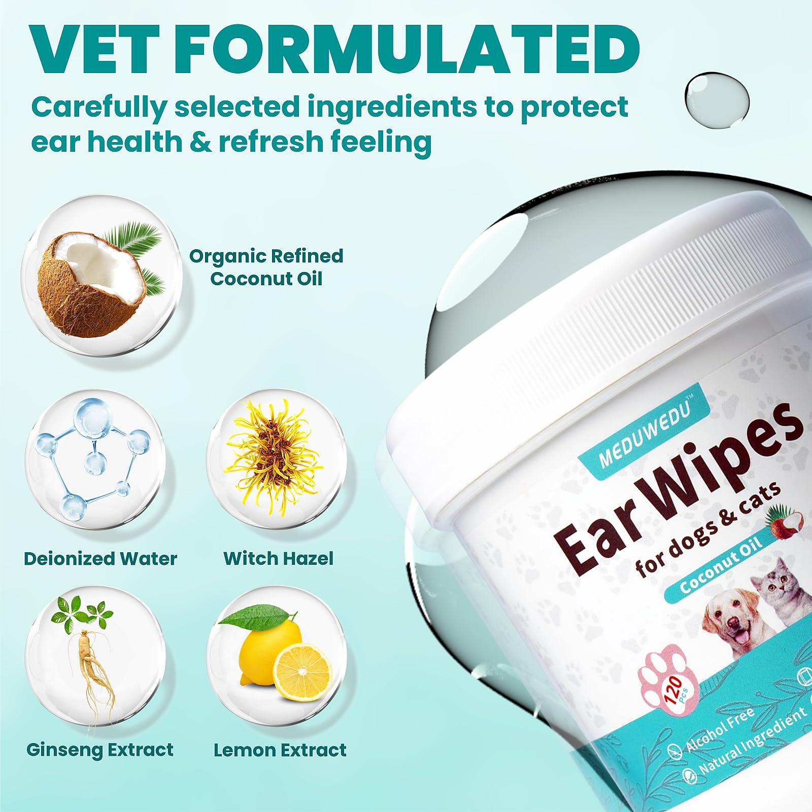 MEDUWEDU Ear Cleaner Wipes 120 Counts, Dog Ear Cleaner, Grooming Kit Care for Dogs and Cats, Soft & Easy Otic Cleaning Pads, Remove Wax, Dirt & Stop Smelly, Itchy, Non-Irritating, Coconut Scent view 3