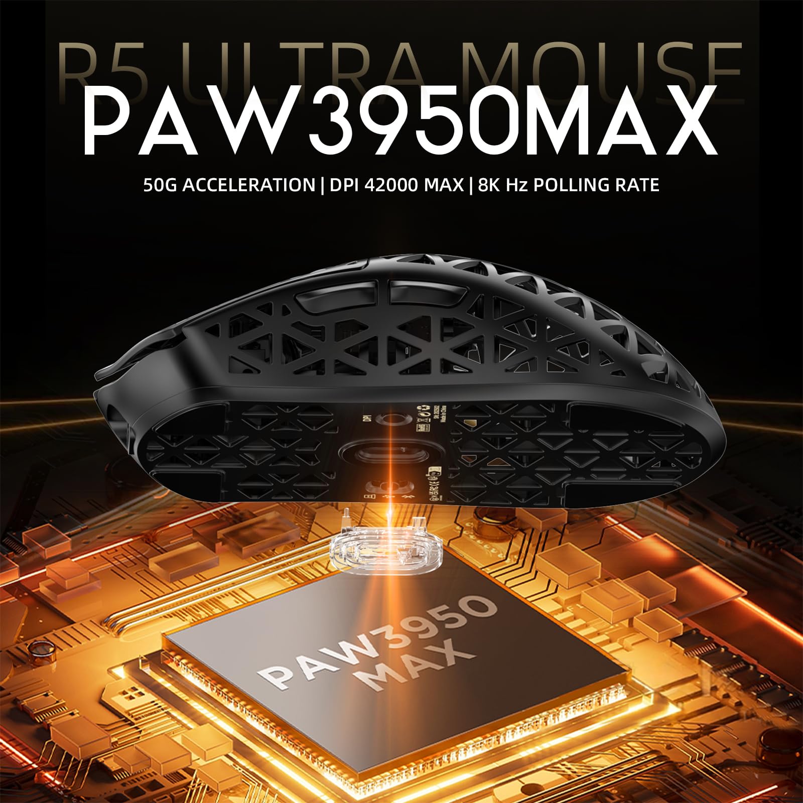 ATTACK SHARK R5 Ultra Mouse Gaming Wireless in Fibra di Carbonio 8000Hz, 39g SUPERLIGHT, 42000DPI, Sensore PAW3950MAX, Nordic 52840, Bluetooth/2.4G/USB-C Cabalto, 8K Cavo Spirale, per PC/Mac, Nero