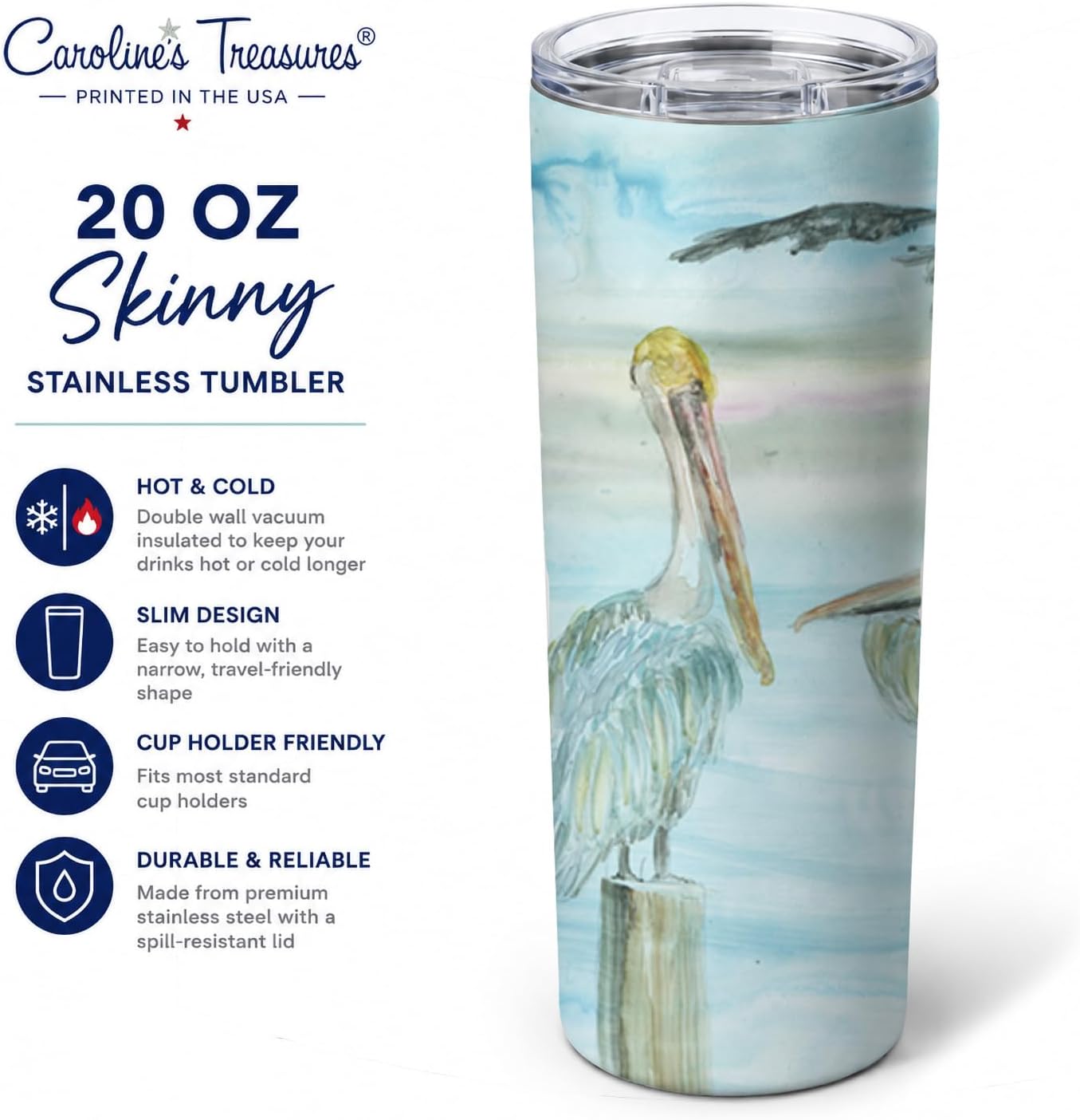 Caroline's Treasures SC2035TBL20 Pelicans in Blue Stainless Steel 20 oz Skinny Tumbler Vacuum Double Walled Reusable Insulated Tumbler Travel Cup for Coffee Cocktails Gift with Lid, 20 oz image 4