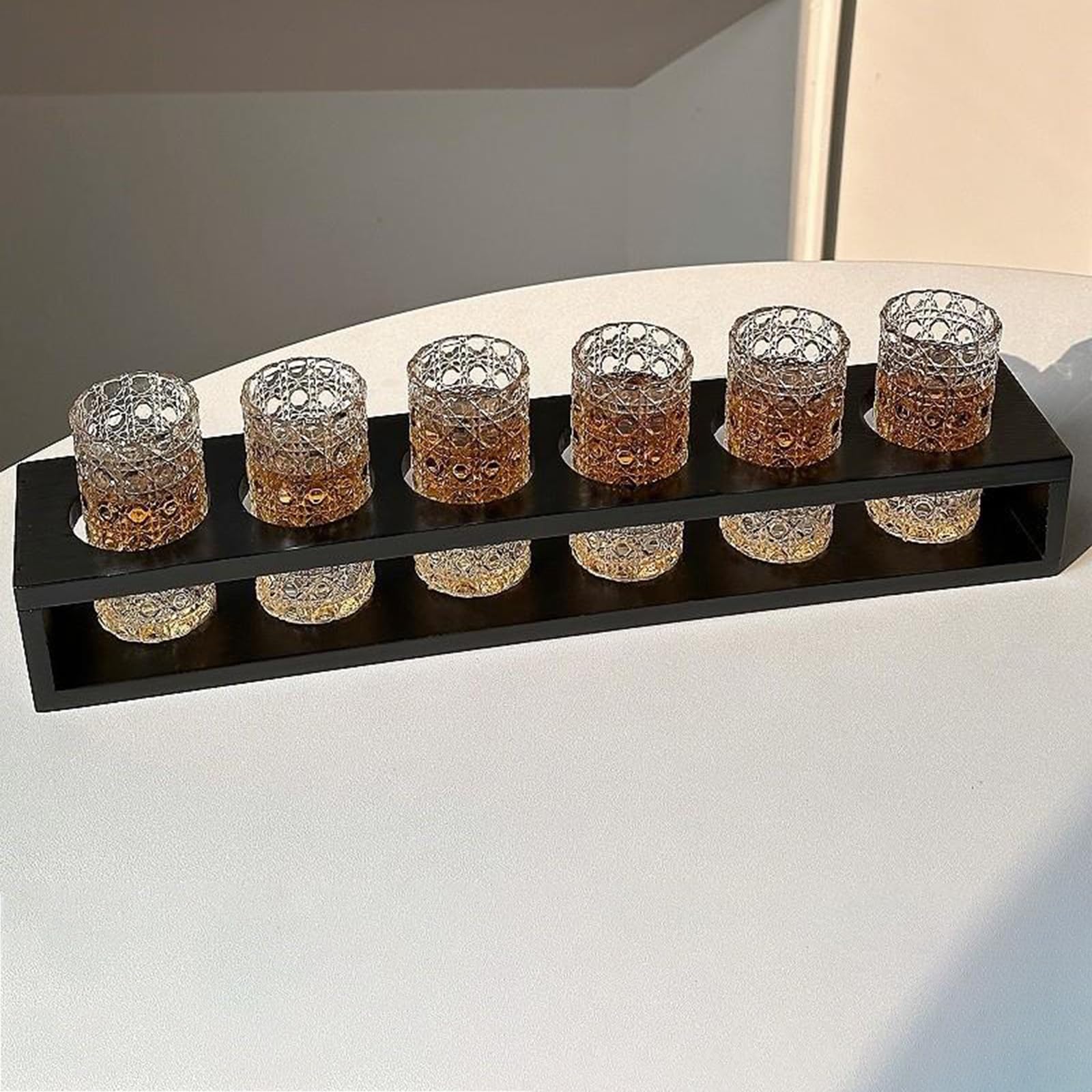 Lot de 6 verres à shot en verre de 20 ml avec support de rangement pour whisky, tequila, liqueurs, collection de fête (noir, 20 ml)