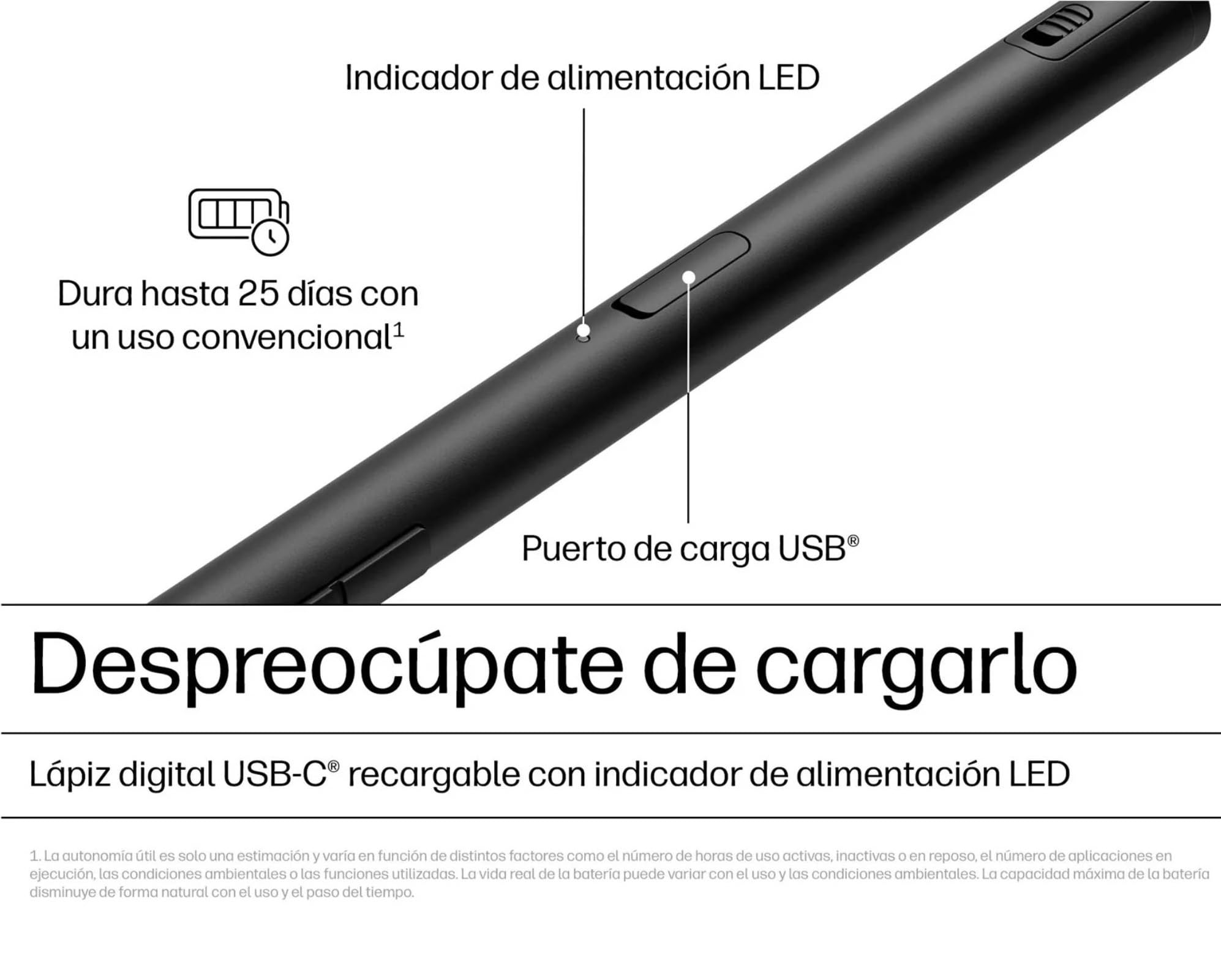 HP 700 Lápiz Digital Recargable Multi-Dispositivo, USB-C, hasta 30 días de batería, 2 Botones configurables, LED de batería, Soporte magnético, App HP Pen Control, Punta de Grafito