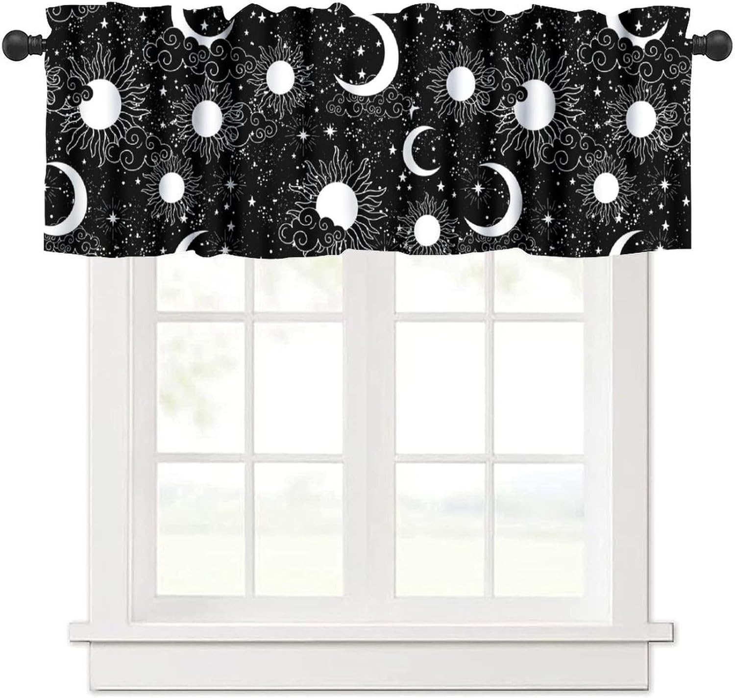 Moon Phase Valance Curtains, Vintage Boho Black Purple Marble Star Lavender Flower Pattern Blackout Home Decor Short Window Treatments Drapes for Bedroom Living Room Kitchen 54x18in 1P/27x24in 2P