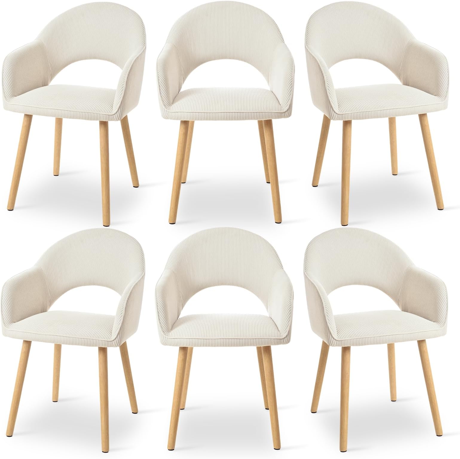Dining Chairs Set of 6, Upholstered Chairs with Armrests& Wooden Legs, Corduroy Dining Armchairs, Ergonomic Kitchen Chair, Living Room Chair for Dining Room and Kitchen, Cord-Beige