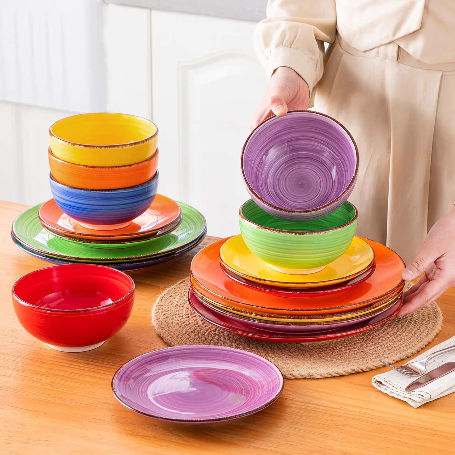 vancasso Bonita Dinnerware Set Muticolor Stoneware 18 Pieces Service for 6, Handpainted Spirals Pattern Stoneware Plates and Bowls Set - Image 9