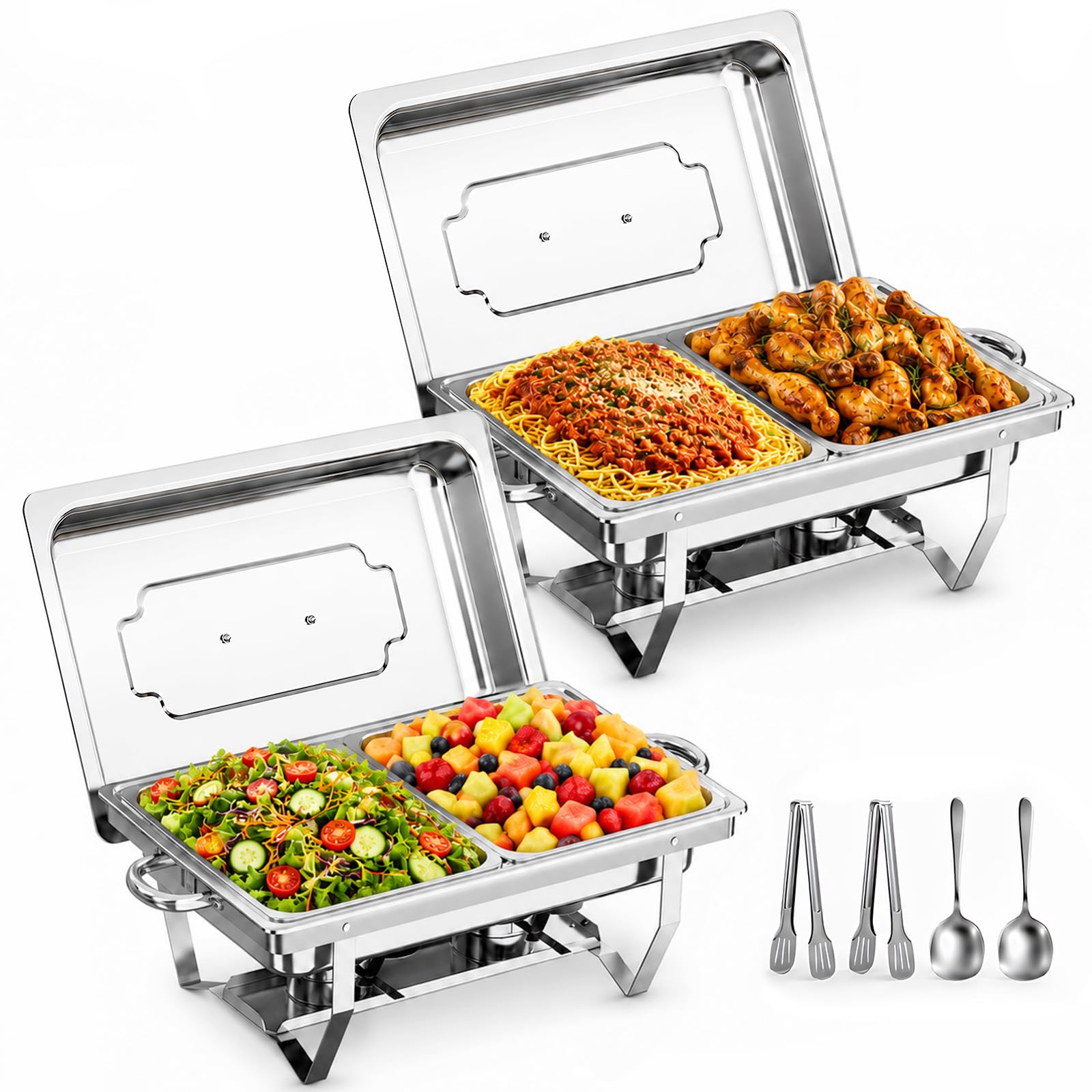 Chafing Dish Buffet Set 9L, 2 recipientes de acero inoxidable con tapa, sartenes para alimentos y soportes de combustible, calentadores de alimentos para catering, buffet y fiestas