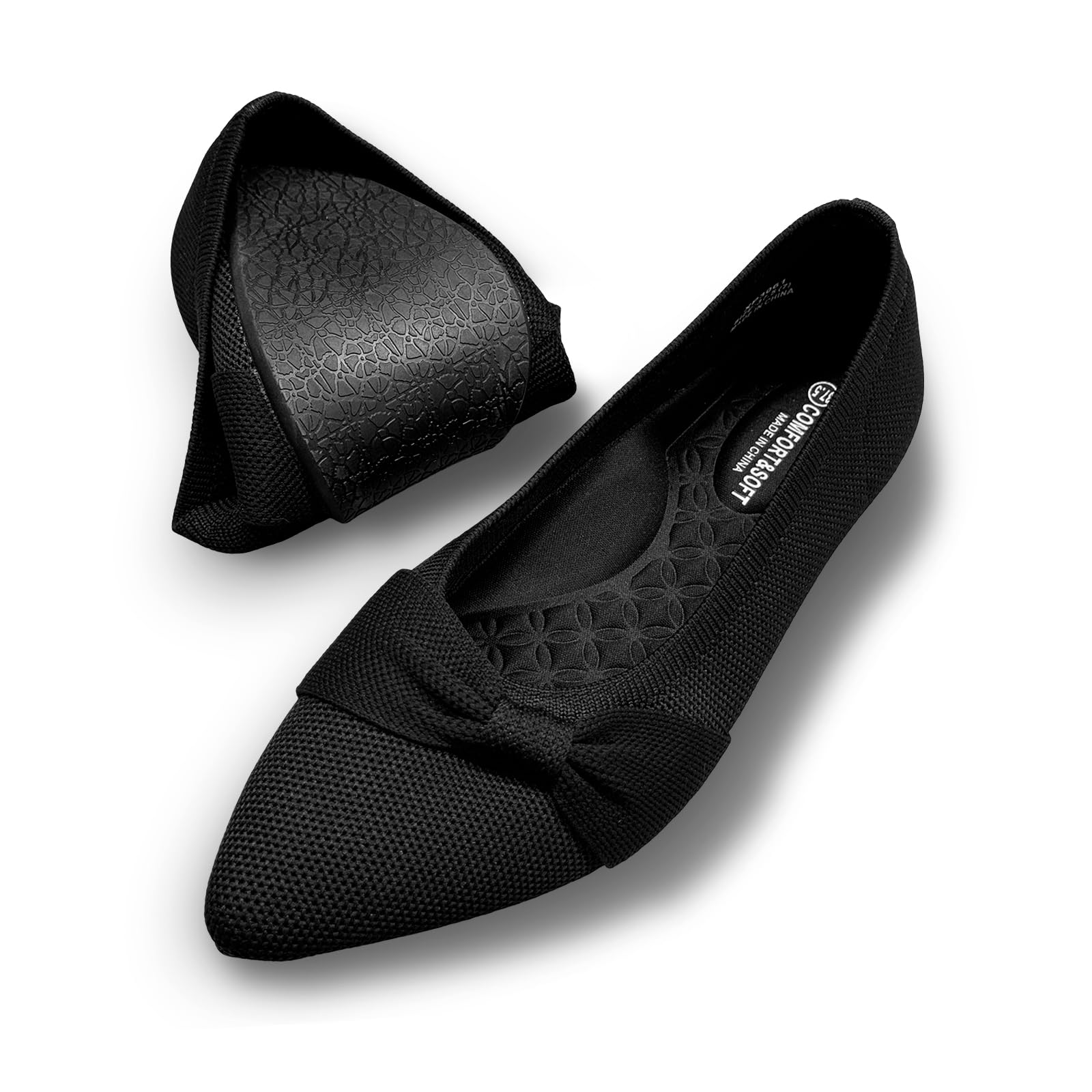 CALEBGAR Damen Ballerinas Spitz zulaufend, Gestrickte Slip-On Slipper mit Schleife, Elegante und superweiche Flache Schuhe für Kleider und Freizeit