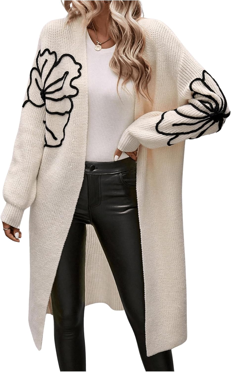 BEAUDRM Women's Floral Long Cardigan Chunky Duster Cardigans Oversized Open Front Cozy Sweater Fall Coat