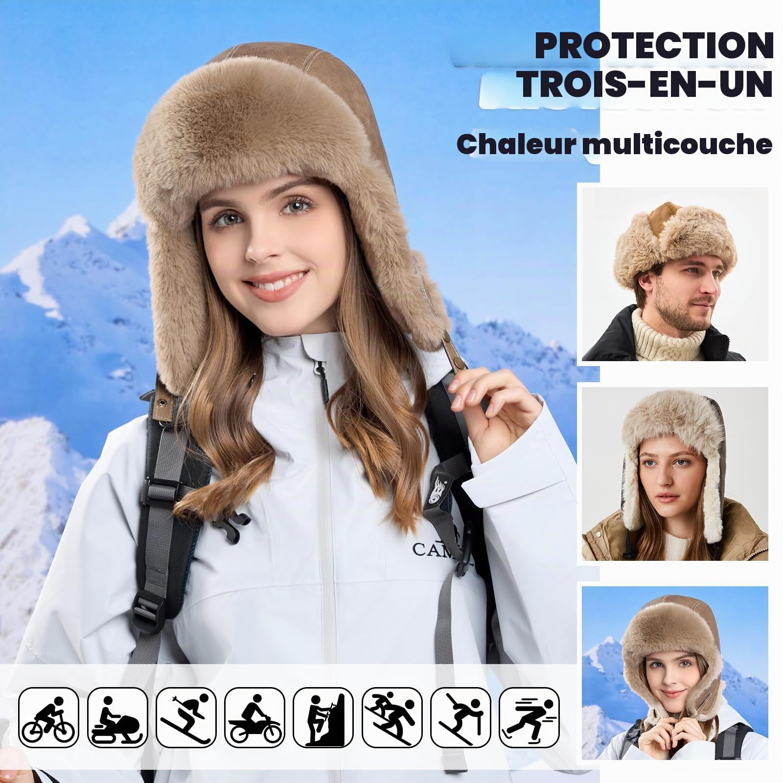 TAGVO Chapeau Trappeur d'hiver avec Protège-Oreilles, Chapka Épaisse pour Hommes et Femmes, Ushanka Russe, Bonnet Doublé en Polaire, Chaud et Coupe-Vent pour Temps Froid