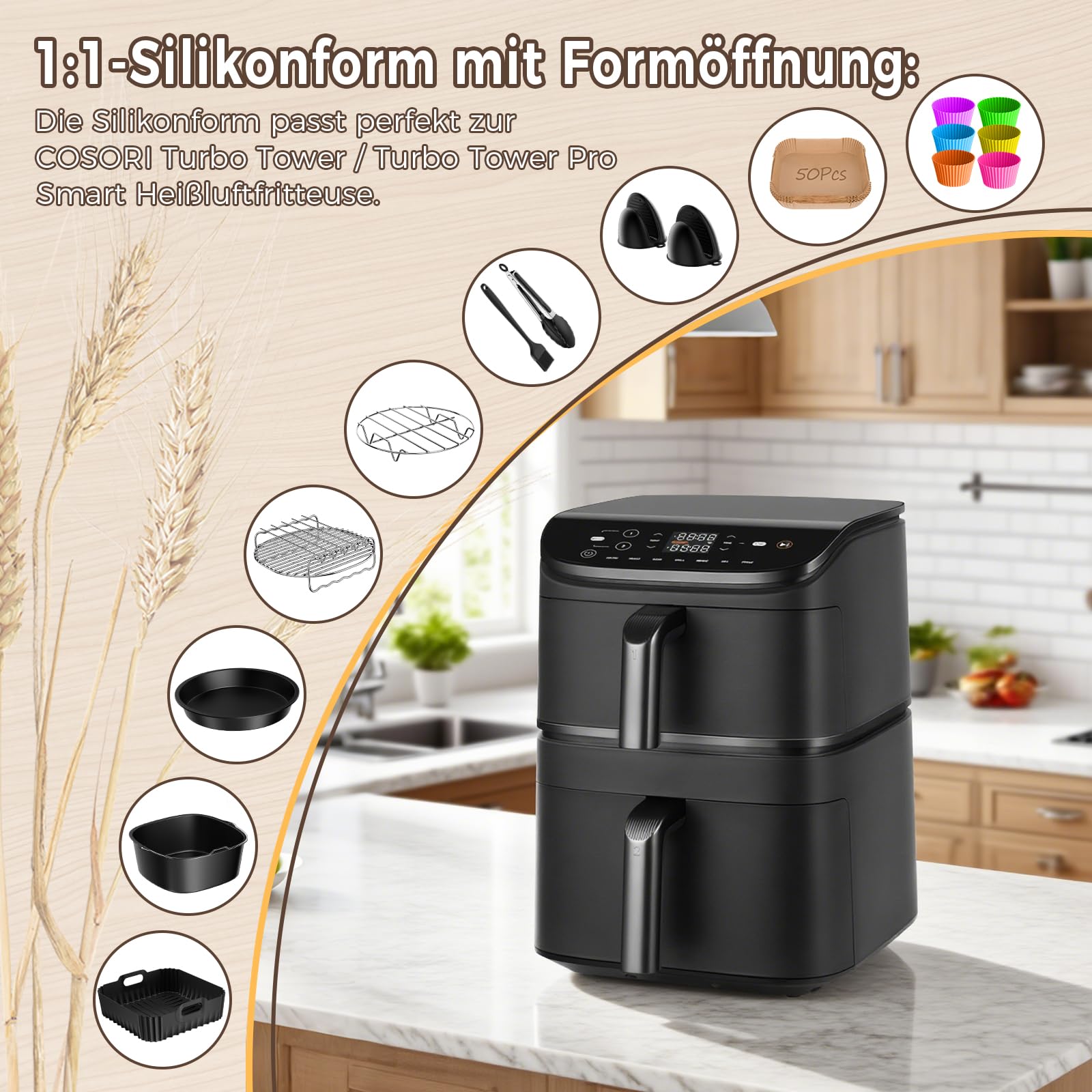 2 Stück Silikonform Heißluftfritteuse Zubehör für COSORI Turbo Tower