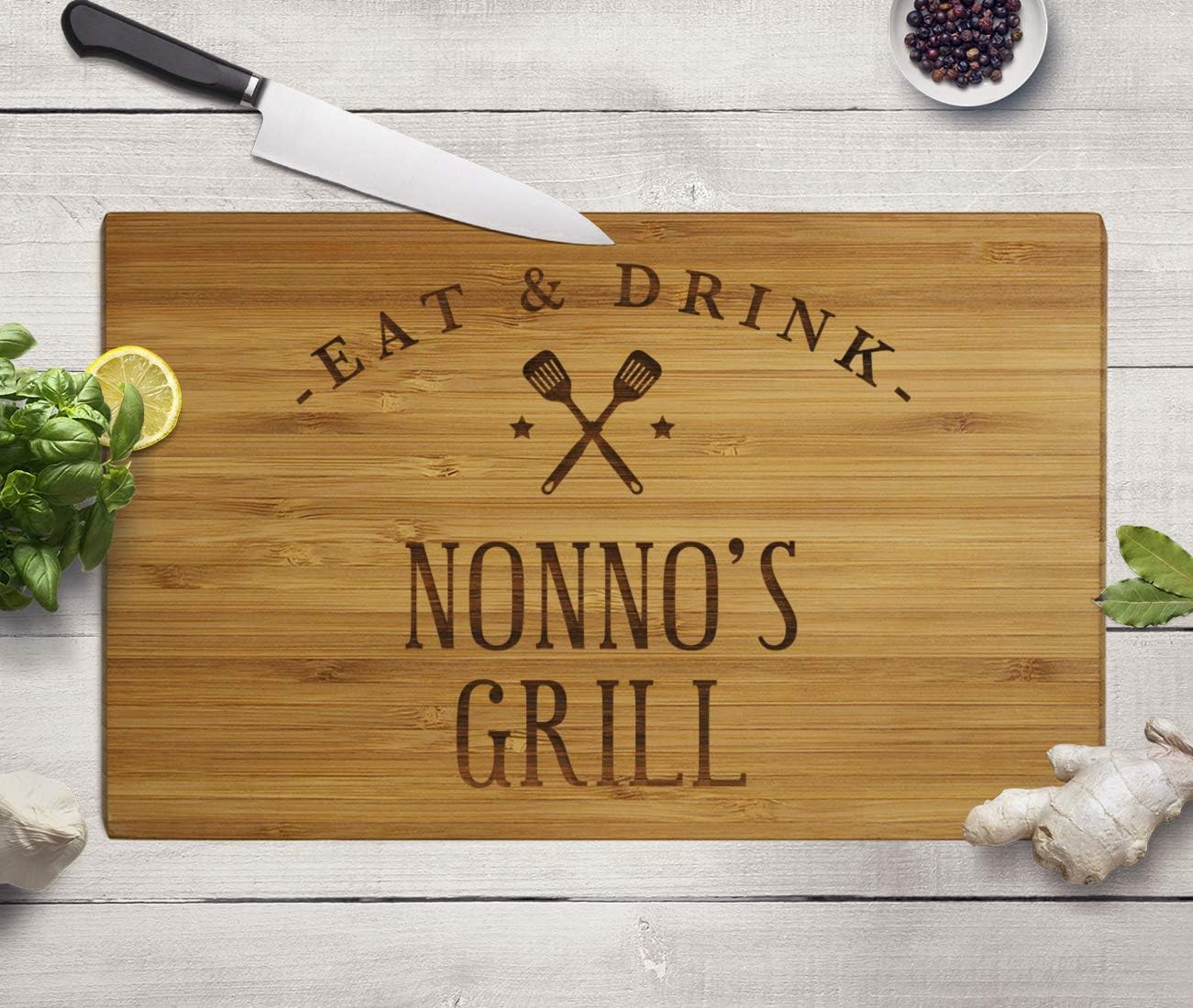 Andaz Press Large Bamboo Wood BBQ Cutting Board Gift, 17.75 x 11-inch, Nonno's Grill, 1-Pack, Laser Engraved Serving Chopping Board Christmas Birthday Chef Kitchen Ideas
