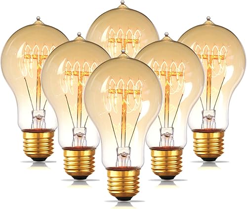 Jslinter Paquete de 6 bombillas Edison de 60 vatios, regulables, A19, antiguas, vintage, antiguas, incandescentes, E26, ámbar blanco cálido