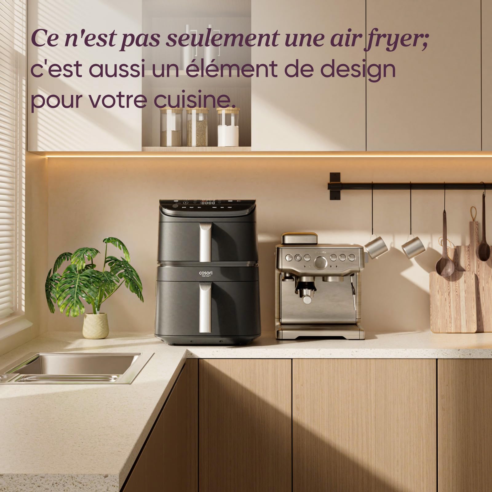 Cosori Air Fryer Turbo Tower 10,8L, 3 Niveaux Cuisson, 6-en-1 | Cuisson Homogène, Design compact, 41% Moins Large que les Double Airfryer Traditionneles, 19+ Recettes