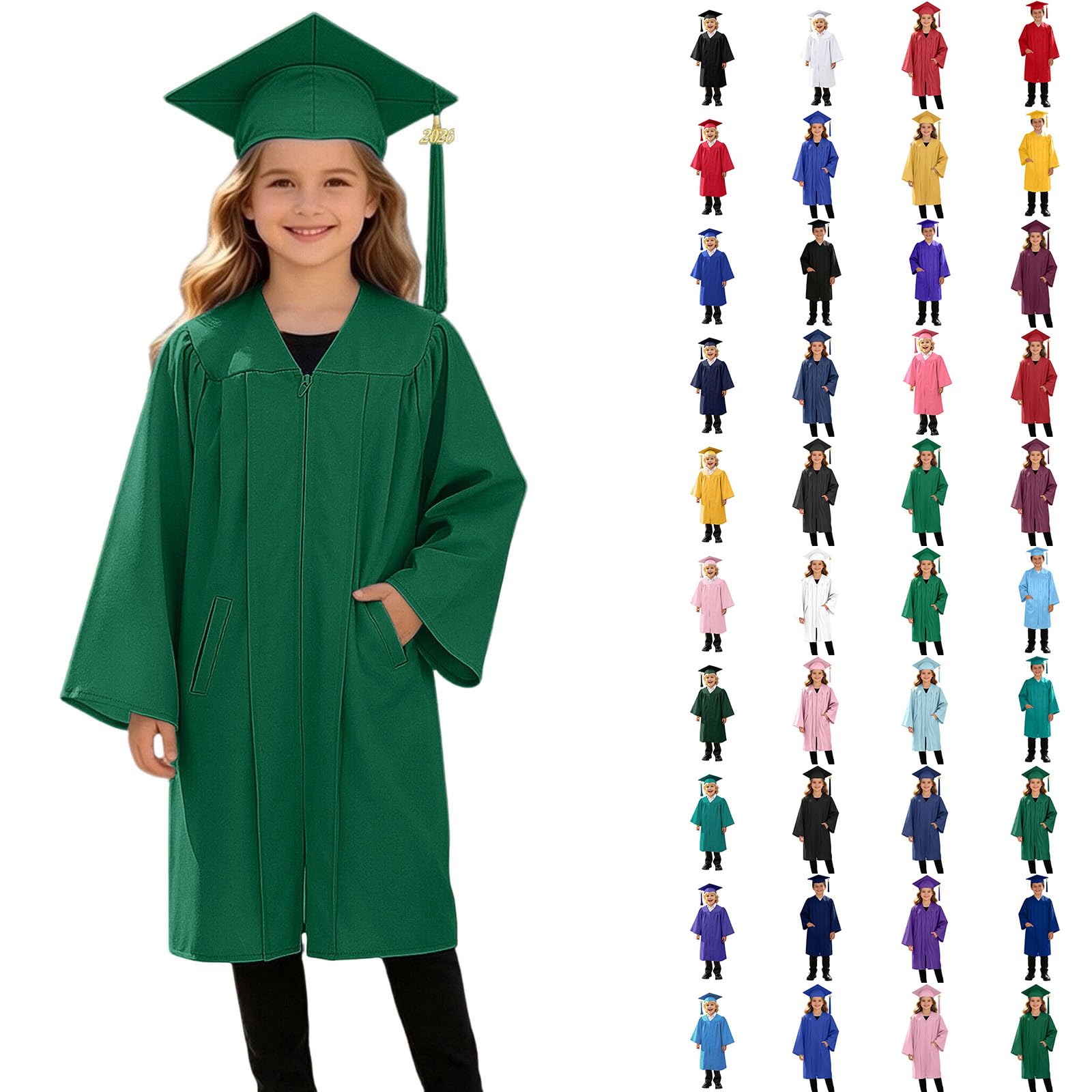 3 Piece Graduation Set for Kids, Gown, Cap, Gold 2026 Tassel, Unisex Boys Girls Preschool Kindergarten Primary School Graduation Gown and Cap Dress Up Props Costume, 40-Dark Green