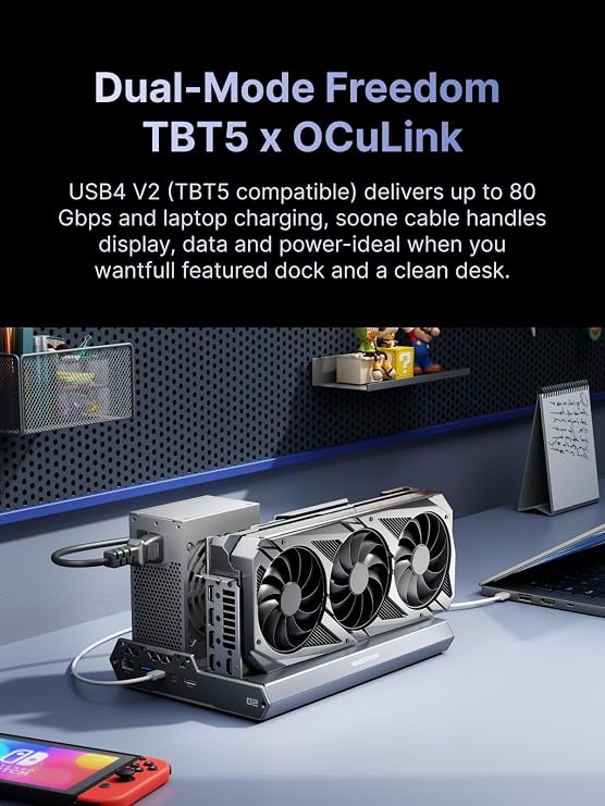 MINISFORUM DEG2 USB4 V2 (TBT5 compatible) & OCuLink eGPU Dock, 80Gbps Dual-Link External GPU Enclosure with M.2 NVMe Slot, Supports Universal ATX/SFX Power Supplies