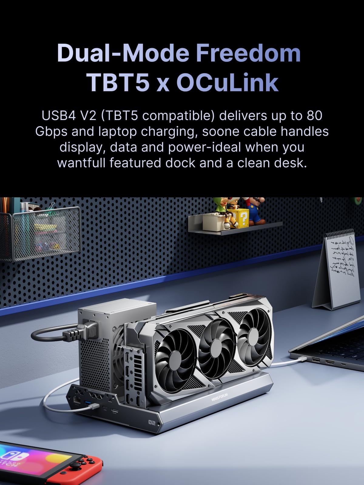 MINISFORUM DEG2 Thunderbolt 5 et station d'accueil eGPU OCuLink, boîtier GPU externe Dual-Link 80 Gbit/s avec fente M.2 NVMe, prend en charge les alimentations universelles ATX/SFX