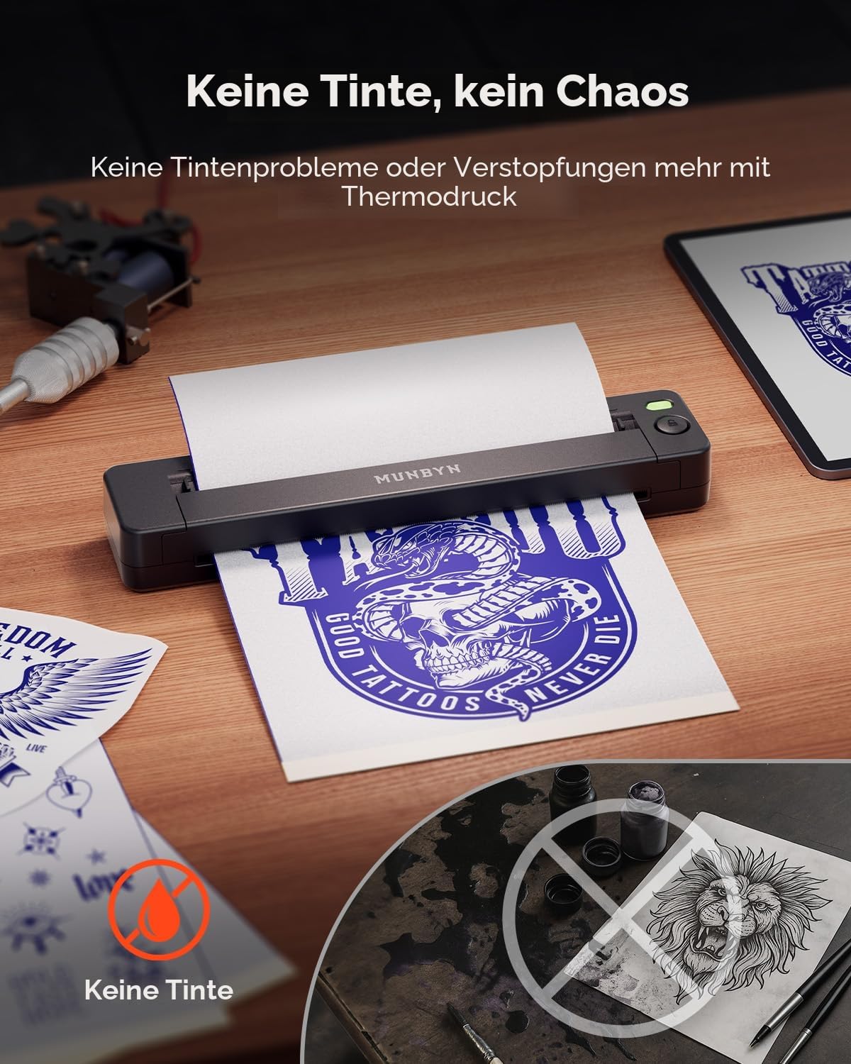 MUNBYN Tattoo Drucker Bluetooth, Stencil Drucker Tattoo Printer, Haut Tattoodrucker Thermodrucker für Anfänger, für Android iOS Mac Windows, mit 20 Blatt Transferpapier, ITP06, Schwarz