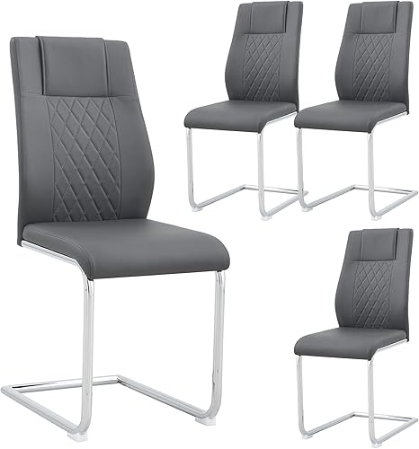 Sillas De Comedor - Juego de 4 sillas de comedor modernas con asiento tapizado de piel sintética, patas de metal cromado, sillas laterales sin