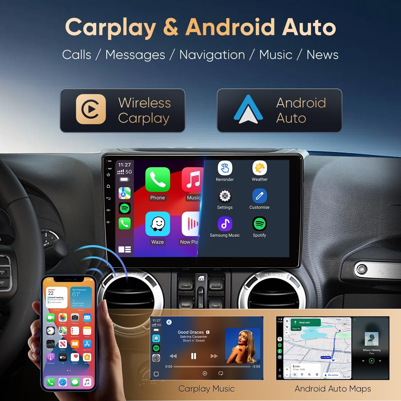 Car Radio Stereo for Jeep Wrangler JK 2007 2008 2009 2010 2011 2012 2013 2014 2015 2016 2017 2018, 10" Android Head Unit, Wireless CarPlay, Android Auto, GPS, Bluetooth, SWC, Backup Camera