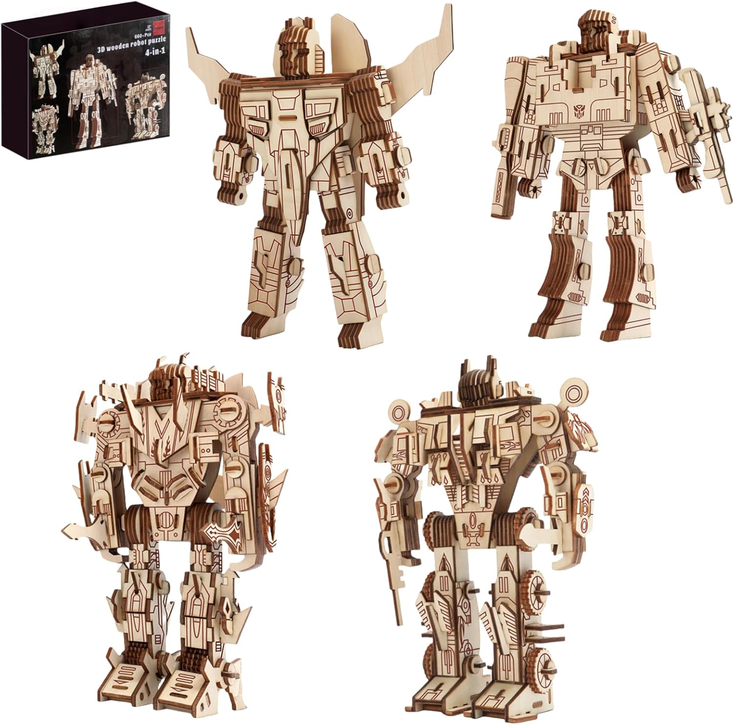 3D Wooden Puzzles Robot for Adults 4 in 1-660+pcs Robot STEM Building Set 1:10 Scale Building Puzzles Wooden Robots Model Kit,Ideal Gift for Adults Men Women Hobbies for Birthday & Christmas