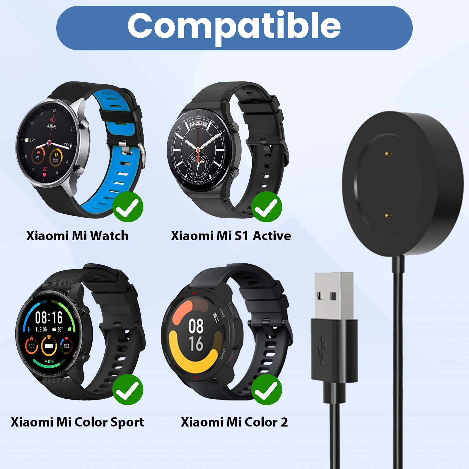2 sztuki kabla USB do ładowania kompatybilny z Xiaomi Watch S1 / Color Sport / Color2 Active, ładowarka zastępcza, kabel do szybkiego ładowania, magnetyczna ładowarka USB, przenośny kabel do