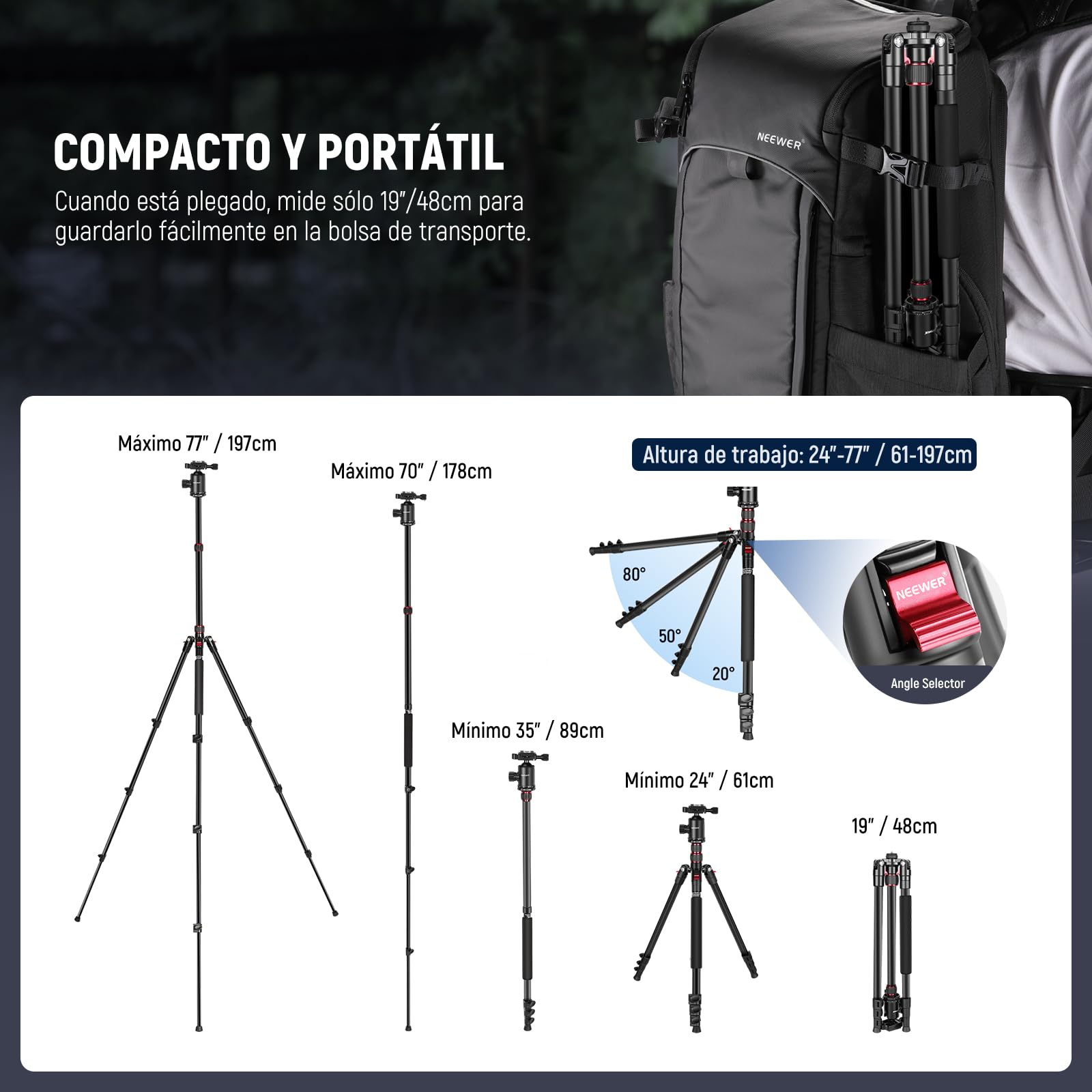 NEEWER 77"/197cm Trípode Monopod de Cámara para DSLR, Teléfono, con Cabeza de Bola Panorámica de 360°, Columna Central de 2 Ejes, Arca Tipo QR Placa, Aluminio Ligero Trípode de Viaje, Máx Carga 15,4kg
