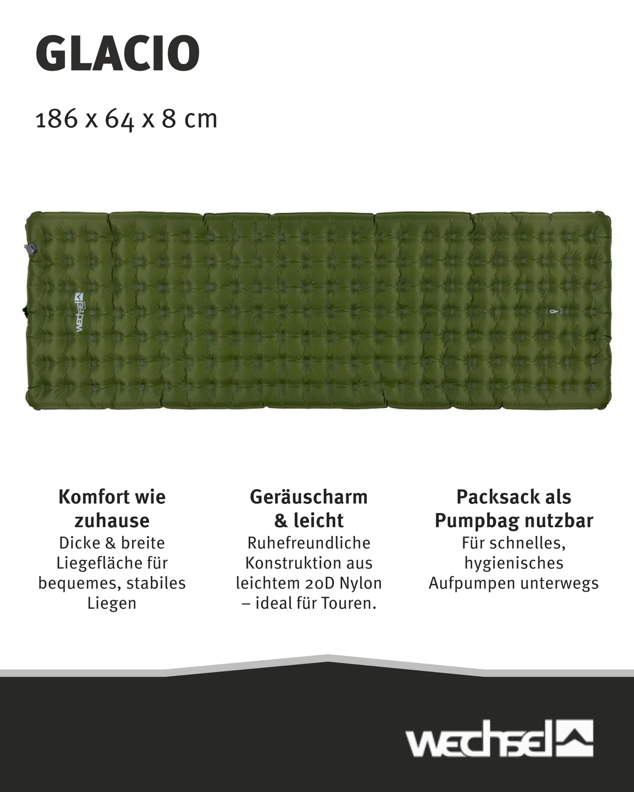 Wechsel Trekking Isomatte Glacio I 186 x 64 x 8 cm I Thermomatte mit hoher Isolationsfähigkeit I wärmeisolierende Campingmatte I Luftmatratze für Camping, Radreisen, Bushcraft & Trekking