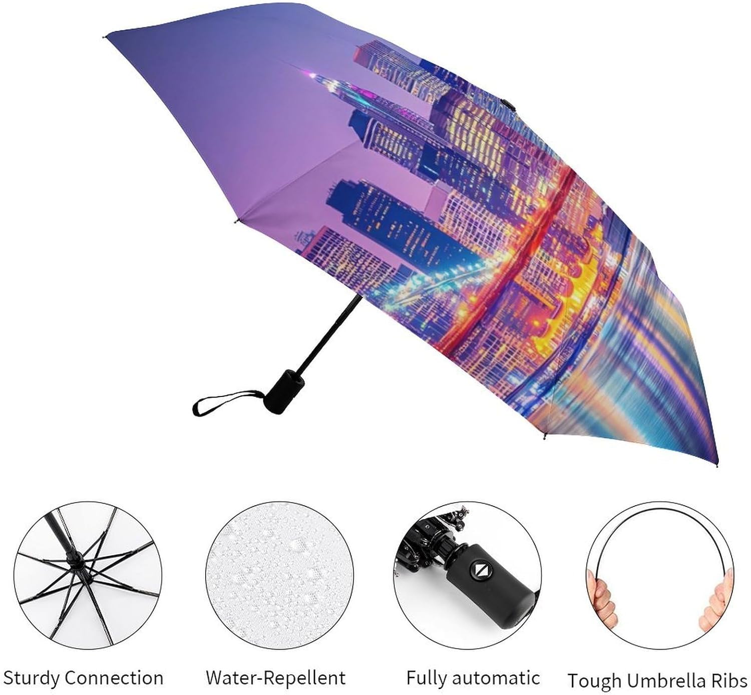 New York City Night Skyline Travel 3 Fold Automatic Umbrella Lightweight Compact Manual Umbrellas for Rain Sun