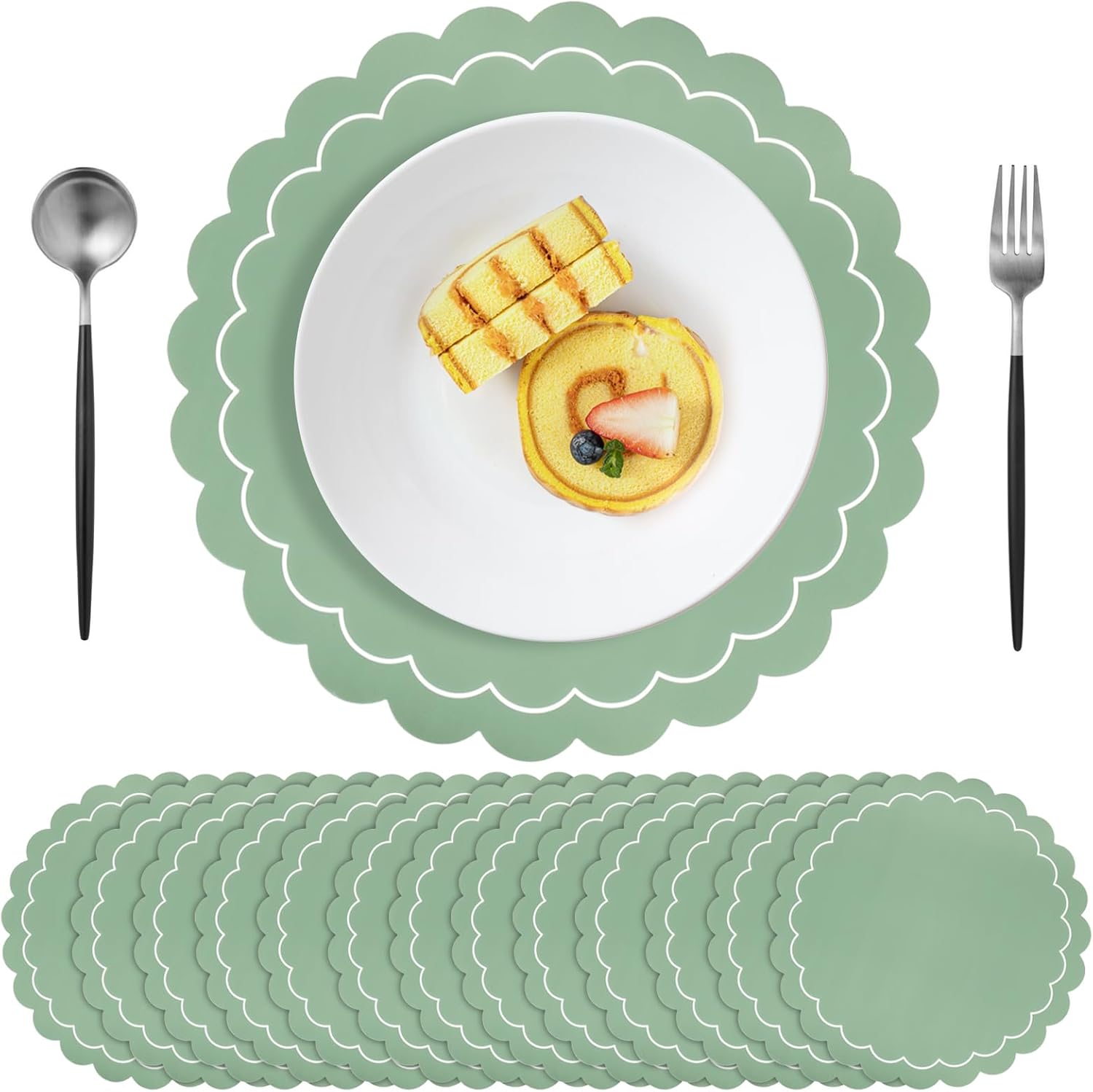 100pcs Sage Green Disposable Paper Placemats – Scalloped Round Table Place Mats for Wedding, Party, Baby Shower, Banquet, Home Dining Table Decor