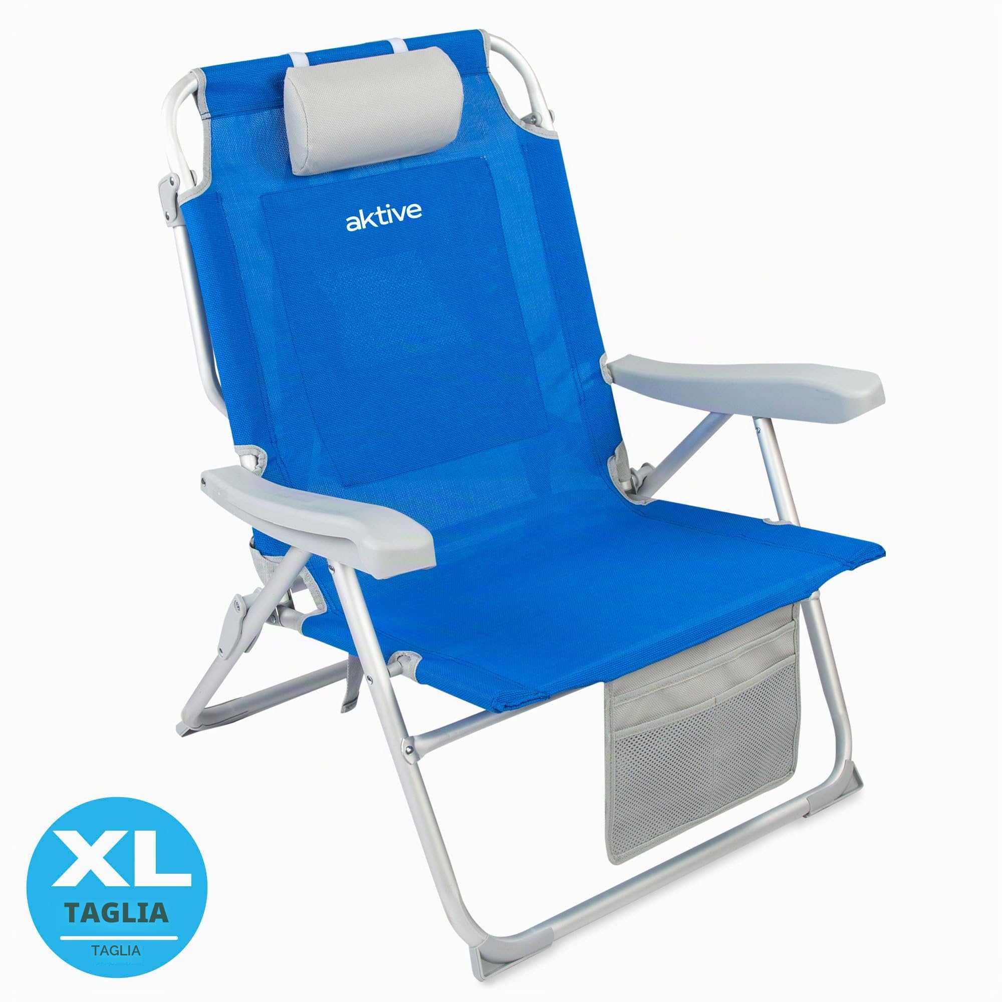 AKTIVE Sedia da spiaggia pieghevole e reclinabile con 5 posizioni, seduta e altezza XXL, portatile e pieghevole 55x66x86 cm, include cuscino, 1 tasca