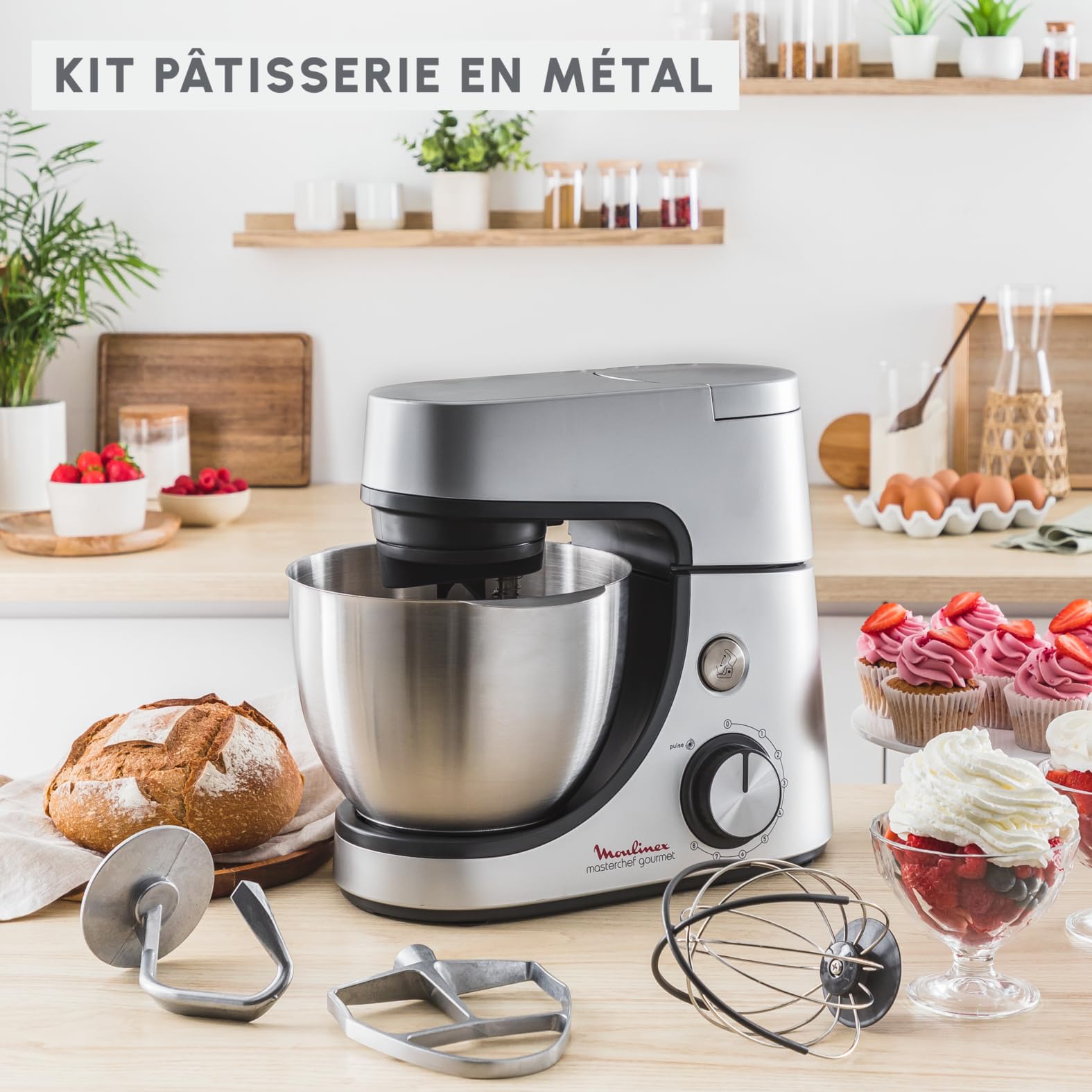 Moulinex Robot pâtissier, 1100 W, Kit de pâtisserie, Blender, Découpe-légumes avec accessoire pour macédoine, Hachoir à viande, Mini hachoir, Masterchef Gourmet argent QA519D32