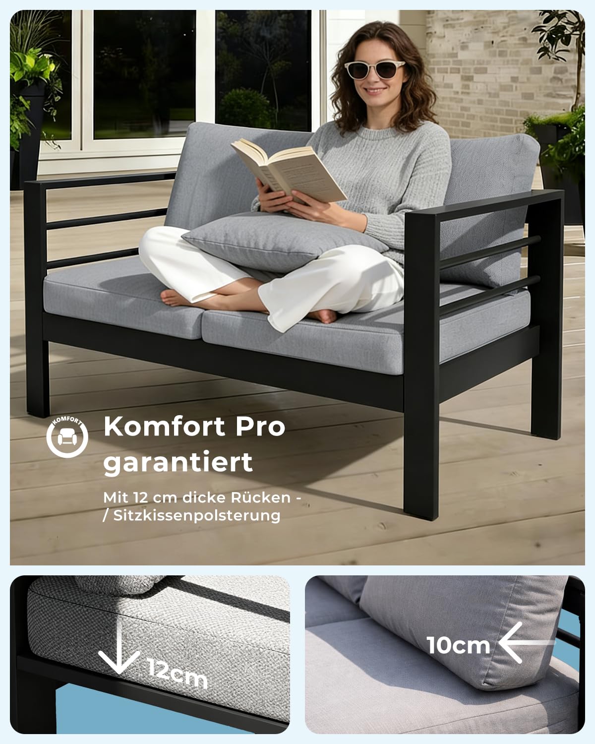 LANOX Gartensofa Gartenmöbel Set 2 Sitzer aus Aluminum,128×65×66 cm, inkl. Sitz- und Rückenkissen, Wetterfest Outdoor Sofa für Balkon Terrasse Garten, Schwarz