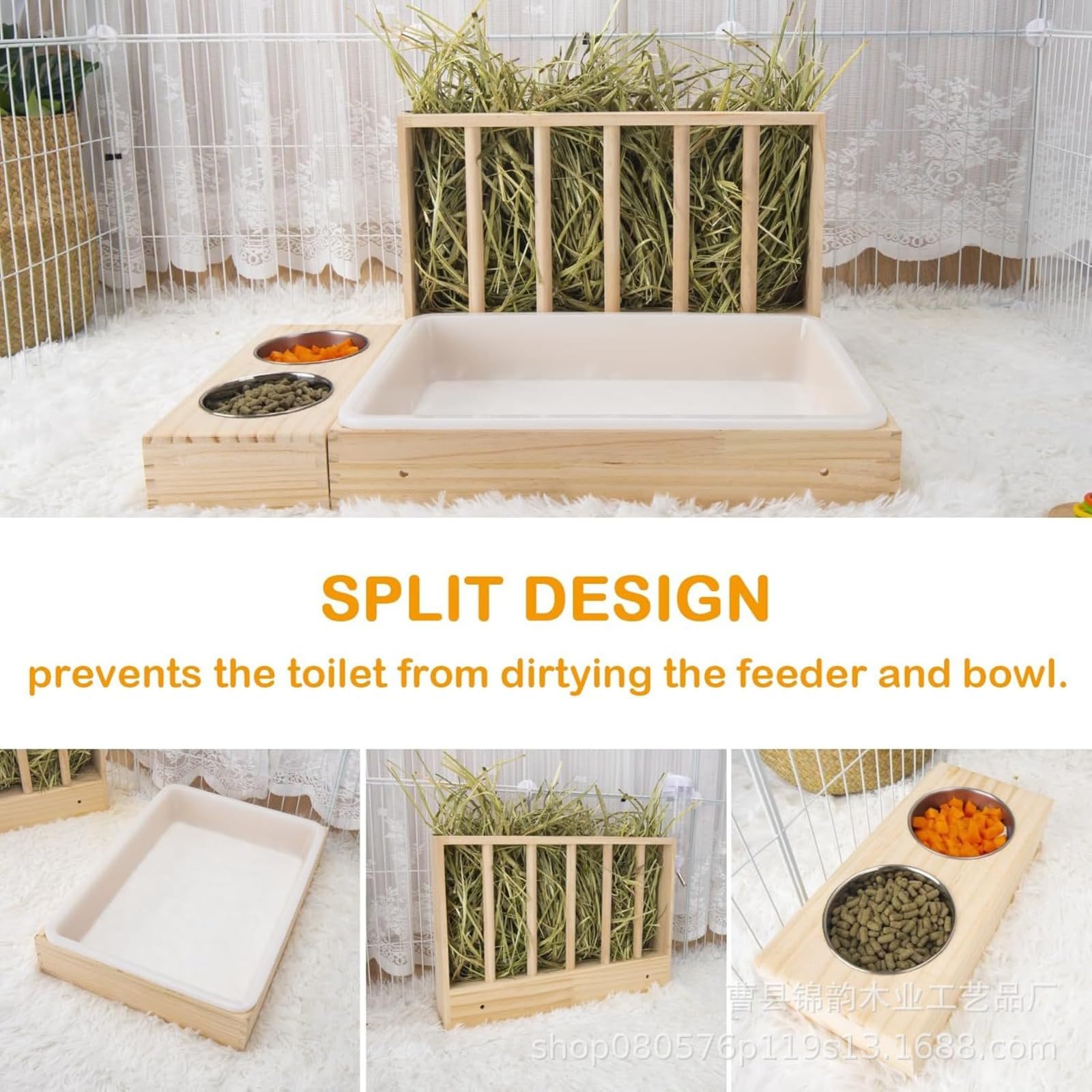 Distributeur de Foin pour Lapin,ratelier Foin Lapin ， râtelier à Foin avec litière en Plastique pour Chat, Toilettes, Hamster, Furet，Mangeoire à foin en bois massif, mangeoire anti-basculement pour la