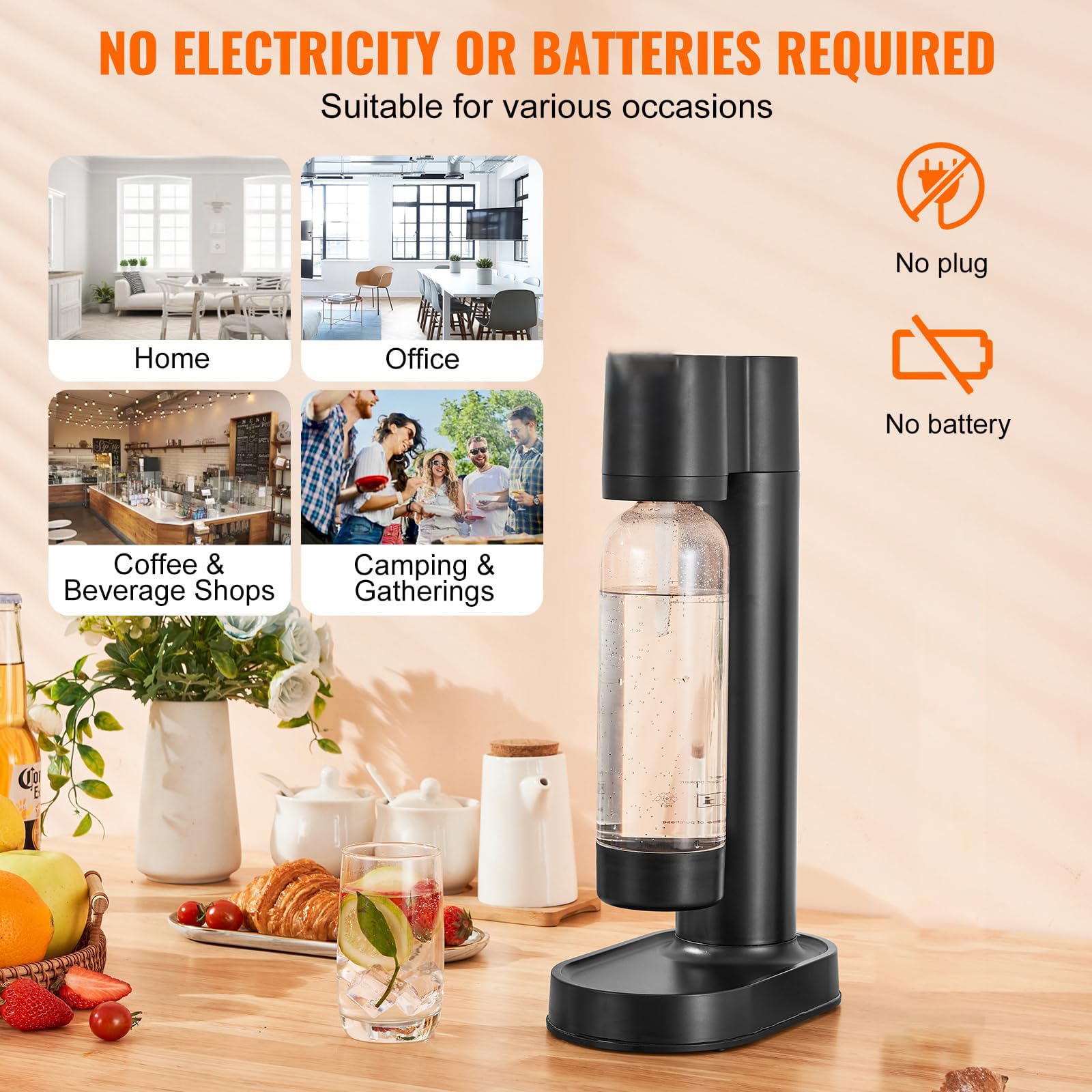 Machine À Eau Gazeuse, Machine À Soda avec Bouteille Réutilisable de 1 L, Fonctionnement Sans Effort, Respectueuse de L'environnement, Aucune Électricité Requise, Machine À Seltzer (non incluse black
