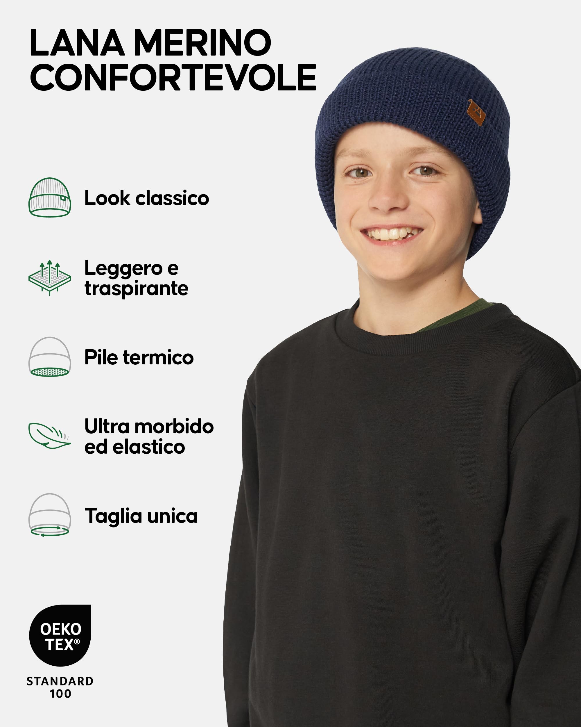 DANISH ENDURANCE Berretto Beanie in Lana Merino e Fodera Pile, Cappello in Maglia, Taglia Unica per Ragazzi e Ragazze, Beanie Invernale, Unisex,