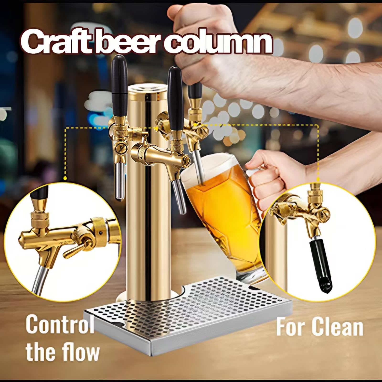 Bierspender, Bierturm Aus Edelstahl, Fassbierturm Wasserhahn mit Bier-Tropfschale, Für Home Bar,[c] Triple Faucet