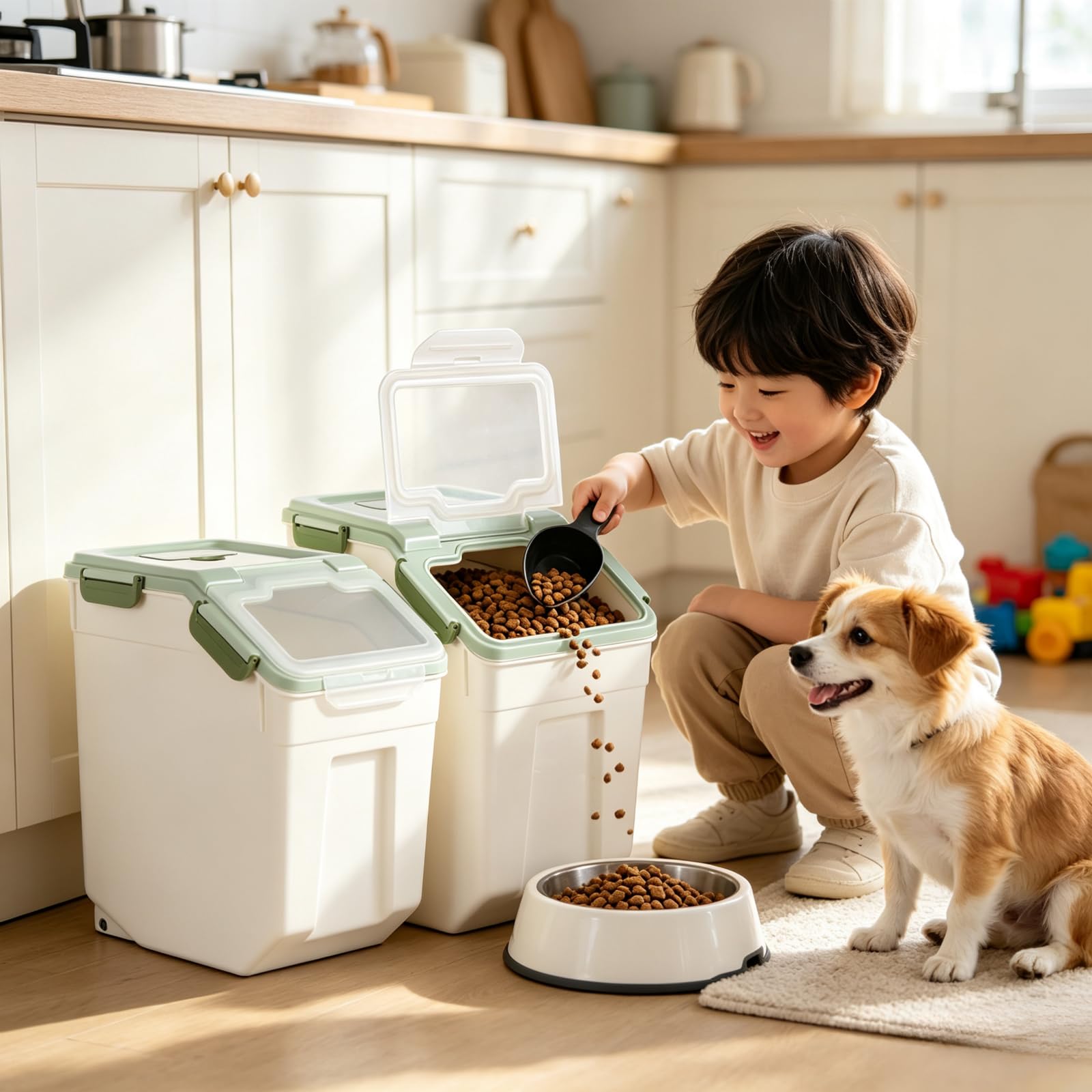 Juego de 2 recipientes herméticos para almacenamiento de alimentos para perros, 15 kg, cubos grandes de comida para mascotas con ruedas y tapa de bloqueo, almacenamiento de alimentos secos sin
