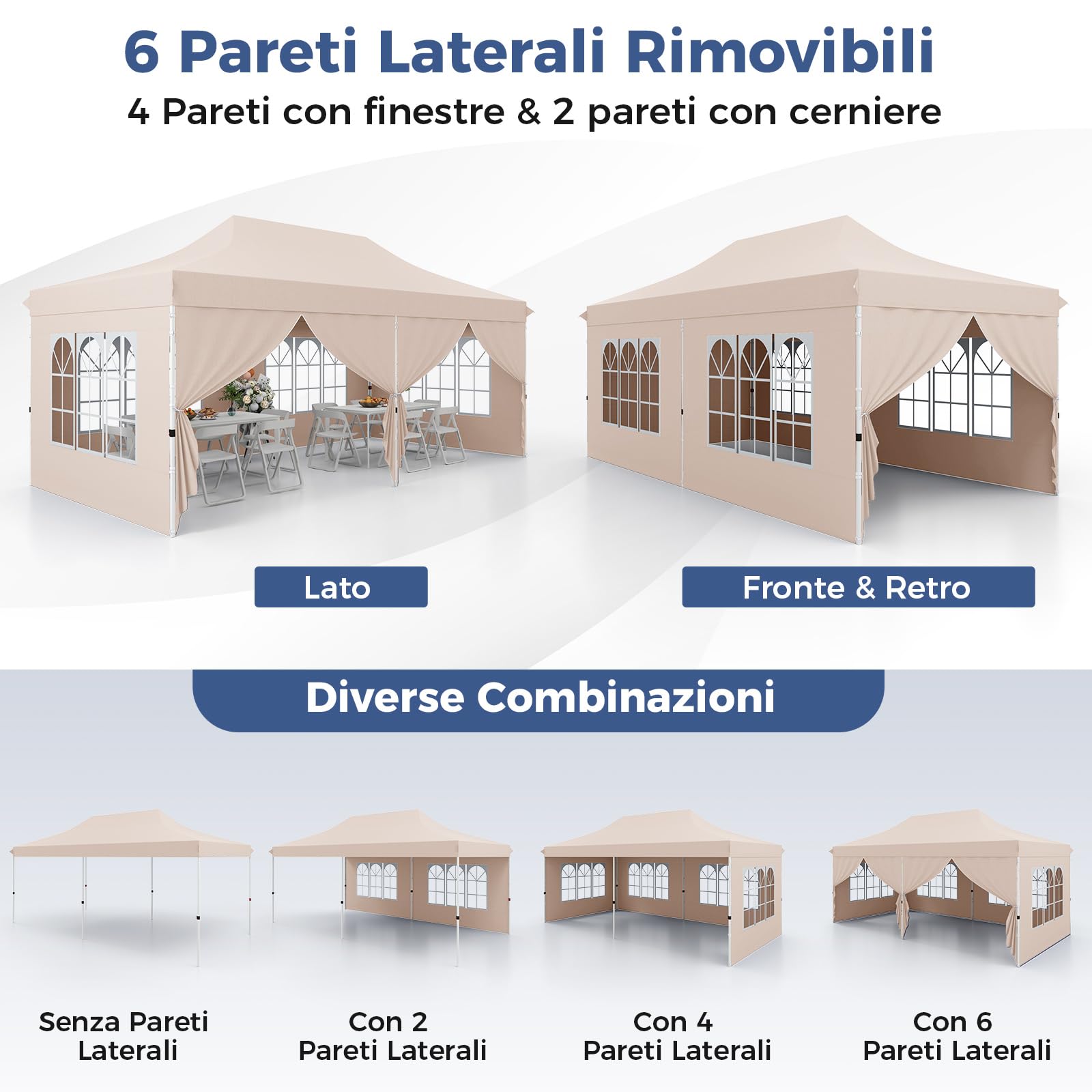 COSTWAY Gazebo da Giardino 3 x 6 m, Tendone per Feste con 6 Pannelli Laterali Rimovibili, con Borsa da Trasporto, Design Pop-up, per Matrimonio Eventi e Barbecue (Beige)