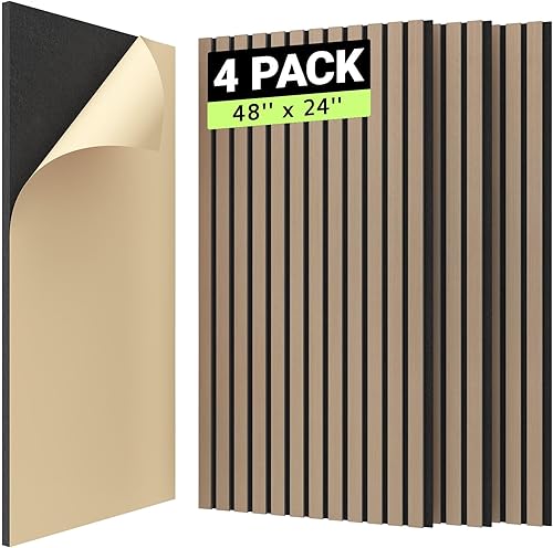 TONOR 4 paneles acústicos adhesivos de listones de madera de 48 x 24 pulgadas para pared, decorativos 3D, acanalados, para absorción acústica,