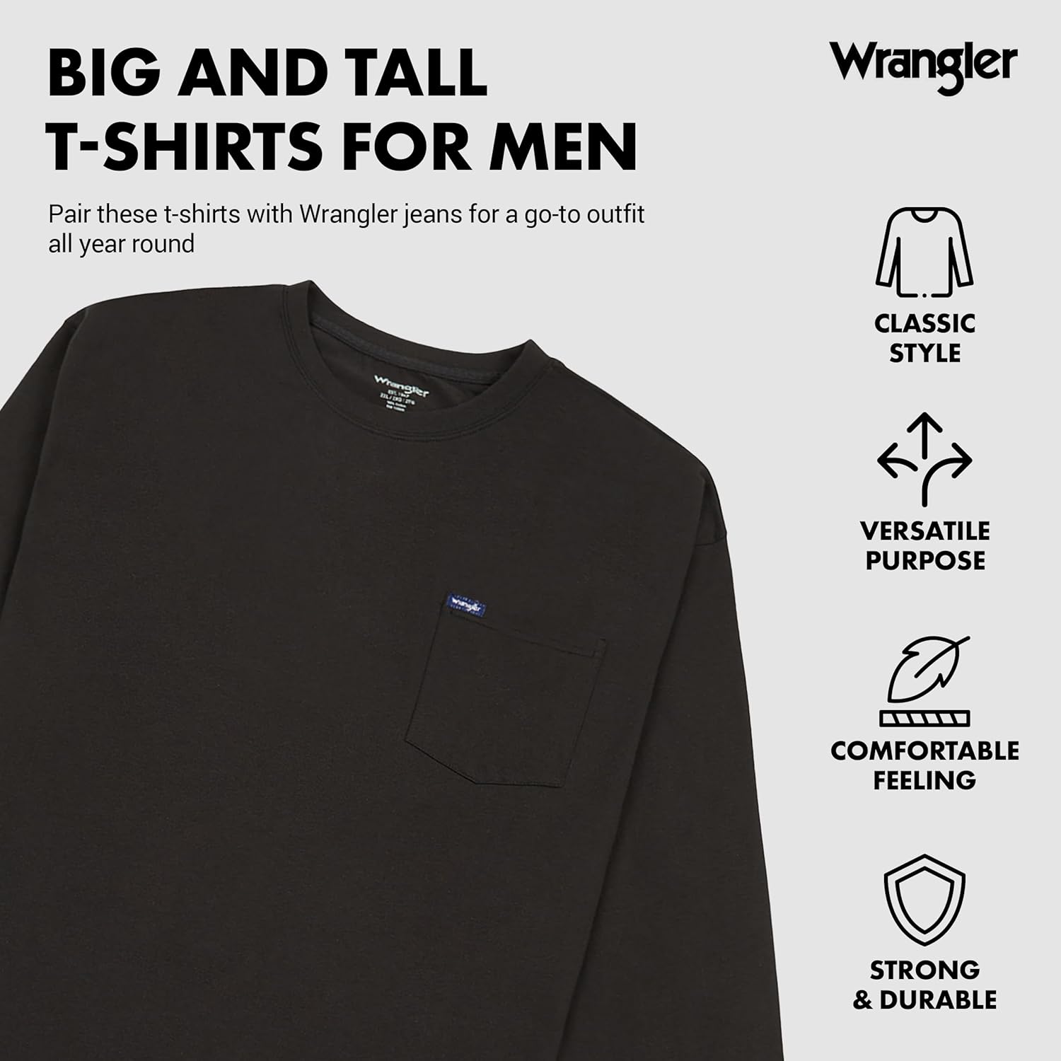 Wrangler Big and Tall Heavyweight Long Sleeve Pocket T-Shirt for Men - Image 3