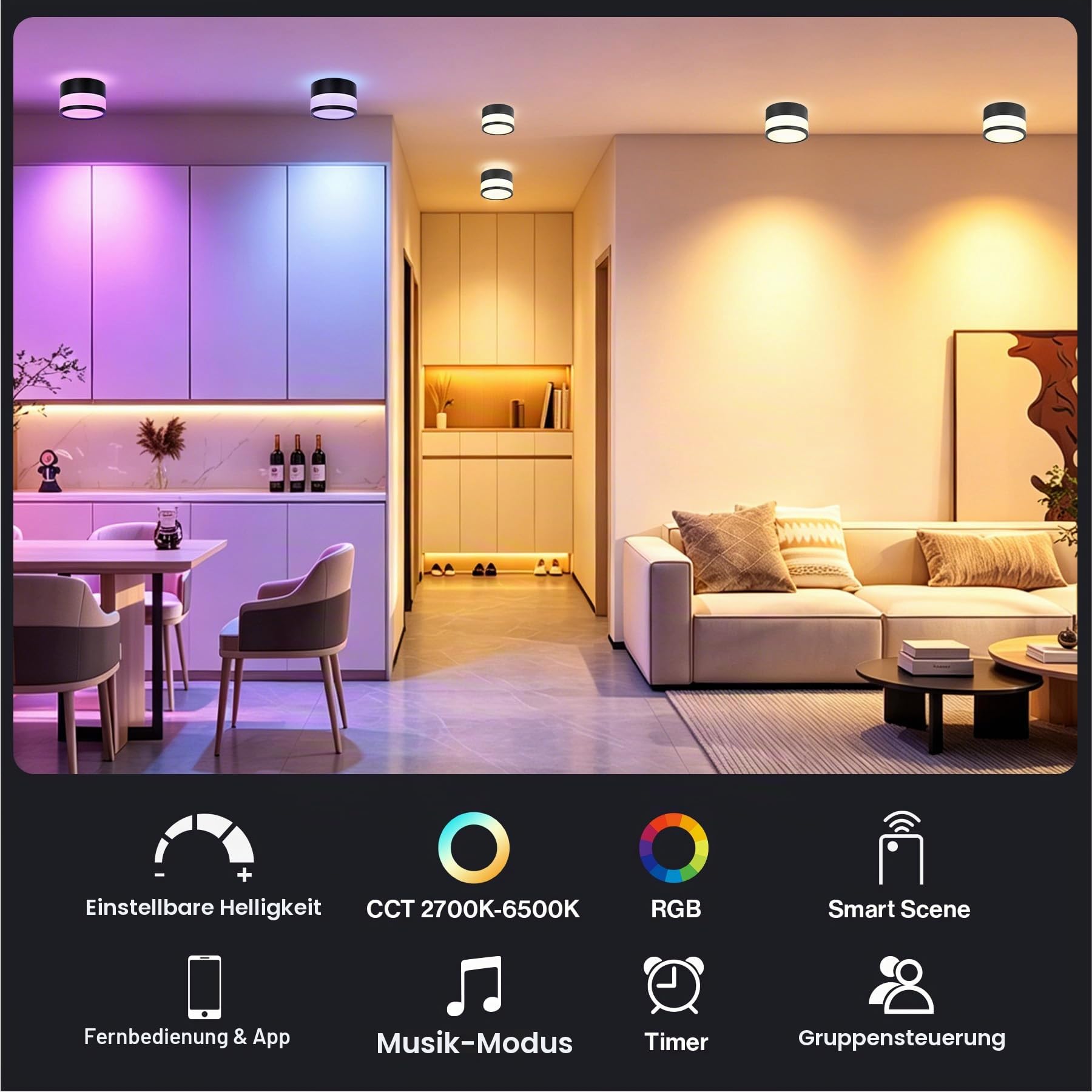 LED Aufbauspot RGB Deckenspots Aufputz IP65 Schwarz, 2 Stück | 12W, Deckenleuchte mit Fernbedienung APP, Dimmbar, 2700K-6500K, Flach, Aluminium, Rund Aufbaustrahler für Badezimmer, Ø10,9cm