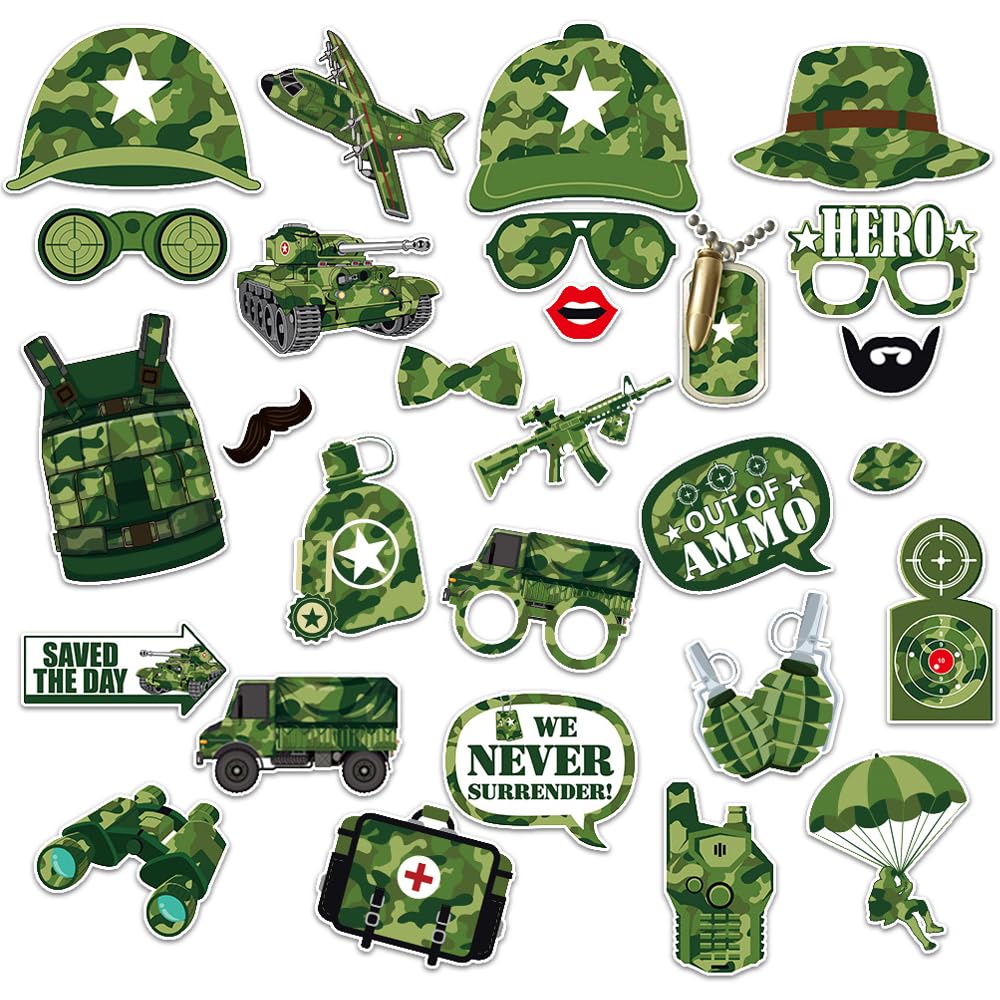 Camouflage Photo Booth Props, 28 PCS Military Party Decorations, Army Birthday Supplies, Soldier Theme Photo Props for Veterans Party, Kids Army Games, Boot Camp & Military Event Decorations