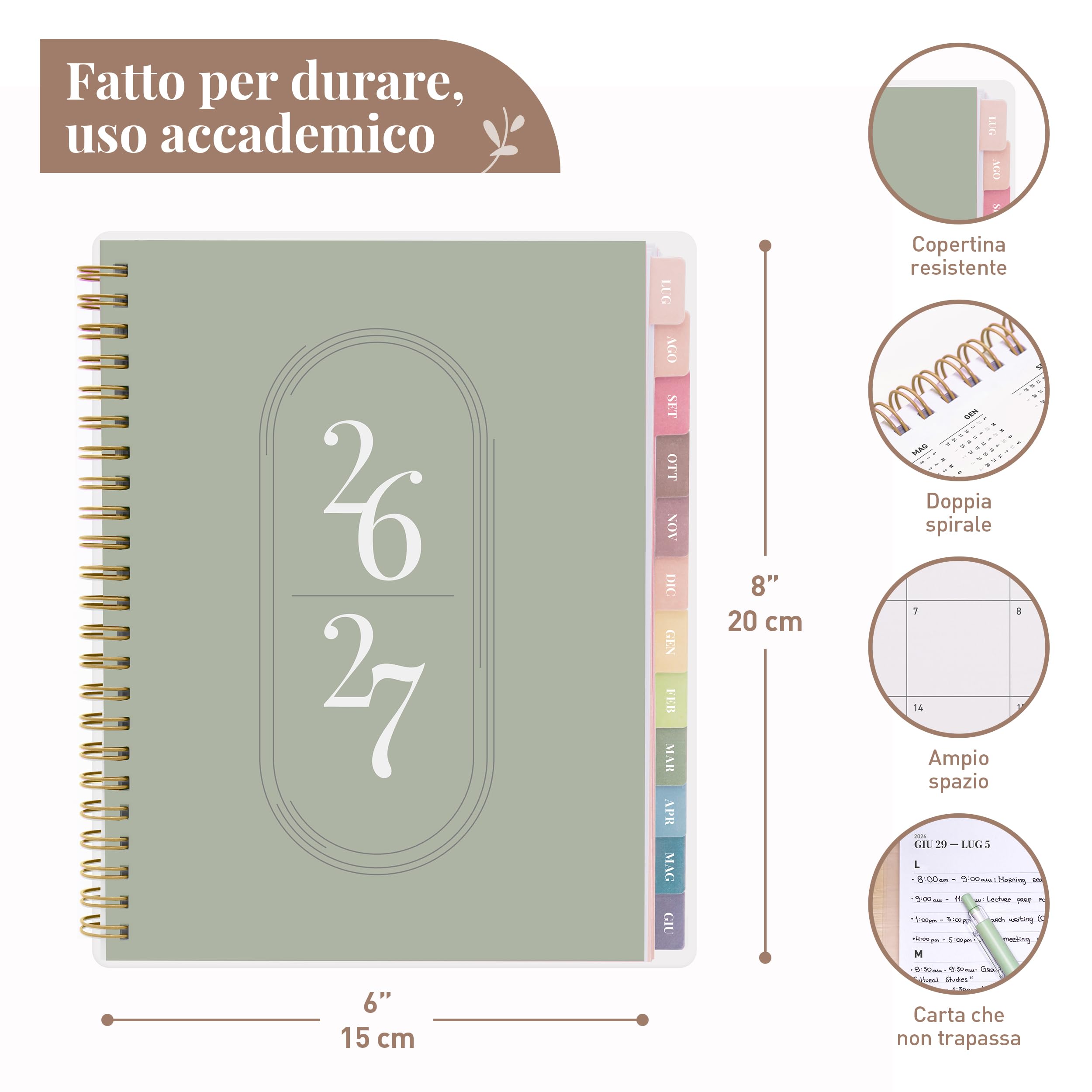 Rileys Agenda Accademica 2026–2027 Settimanale con Giornaliera Planner Scuola Lavoro 20x15 cm Verde Italiano