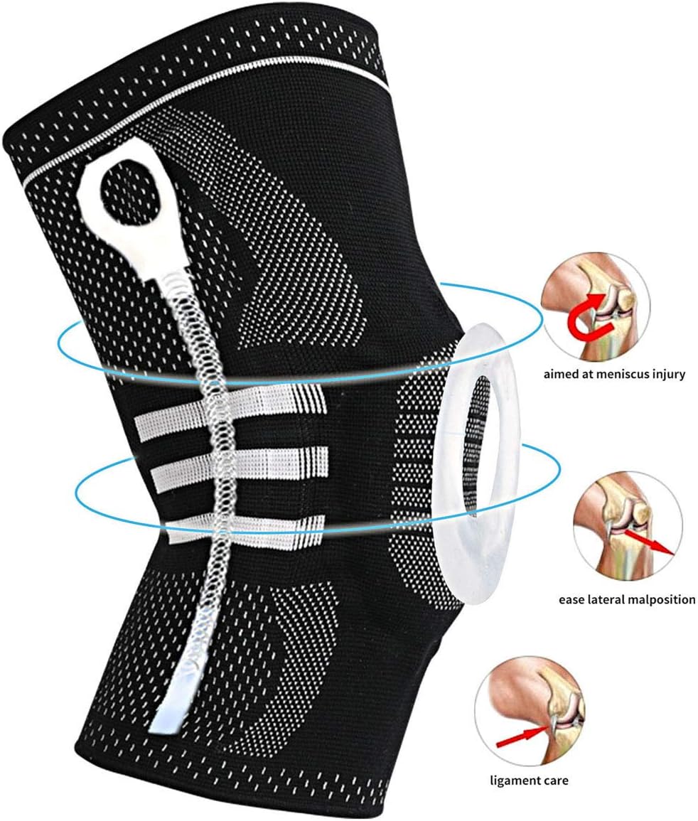 Knee Brace Compression Sleeve, Elastic Knee Wraps Patella Stabilizer with Silicone Gel & Spring Support, Hinged Kneepads Knee Protector for Meniscus Tear Arthritis Running Men Women - Medium(Black)
